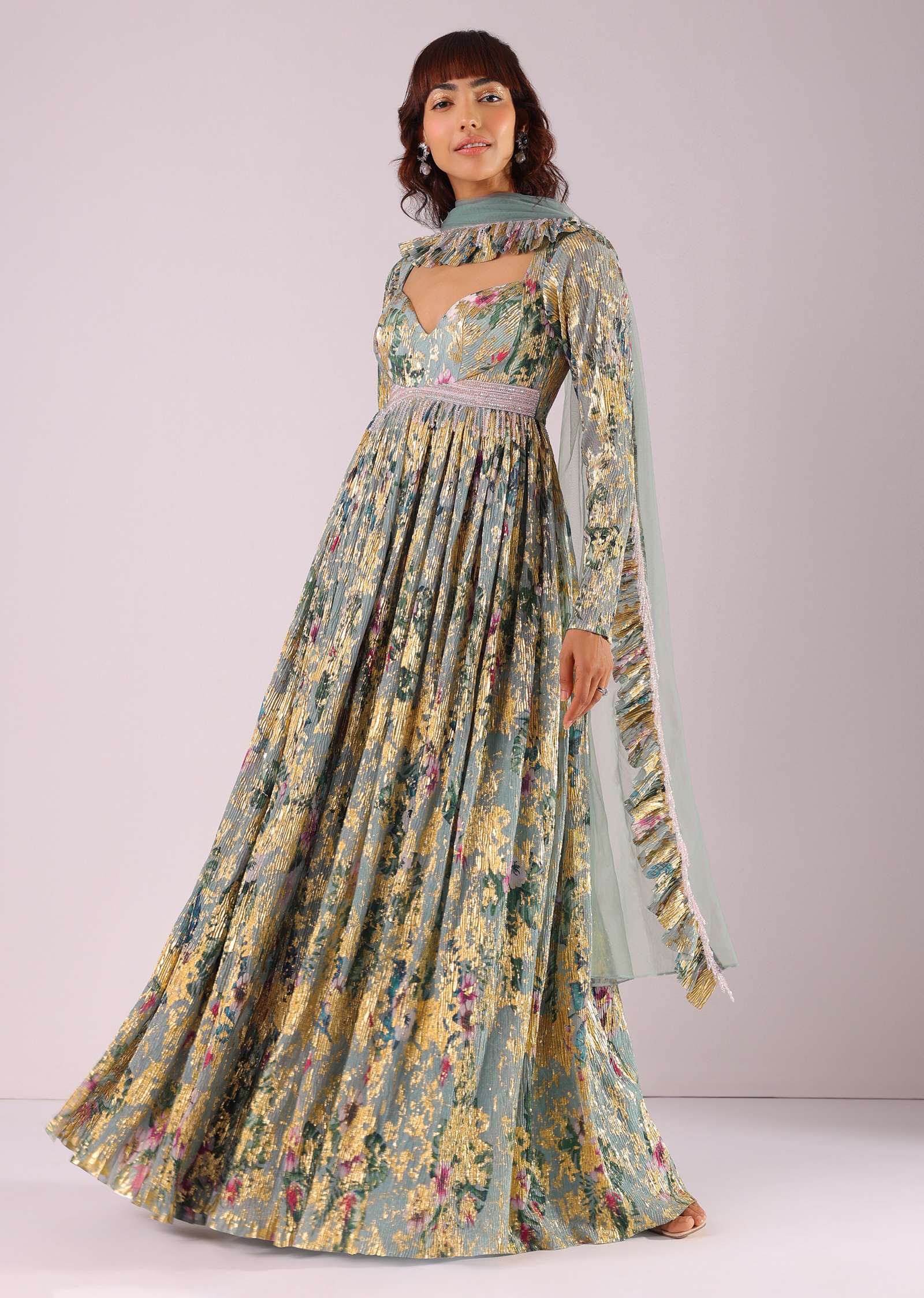 Aqua Green Embroidered Anarkali Suit Set In Foil Knit With Foil Print And Ruffle Border Dupatta