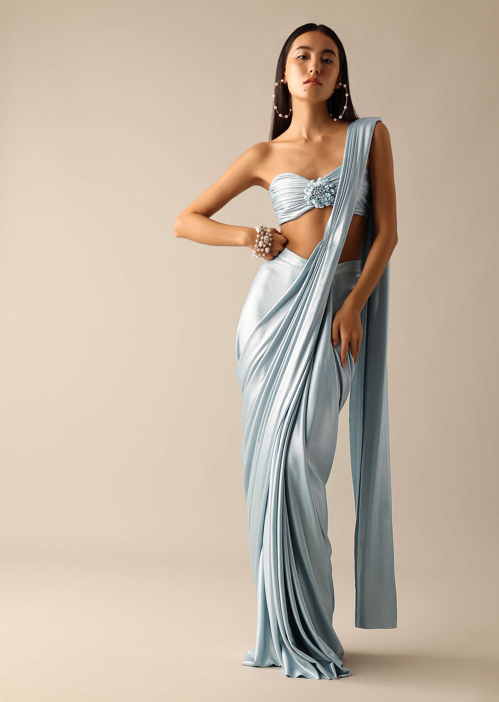 Blue Metallic Ruched Blouse With Pre-Stitched Saree