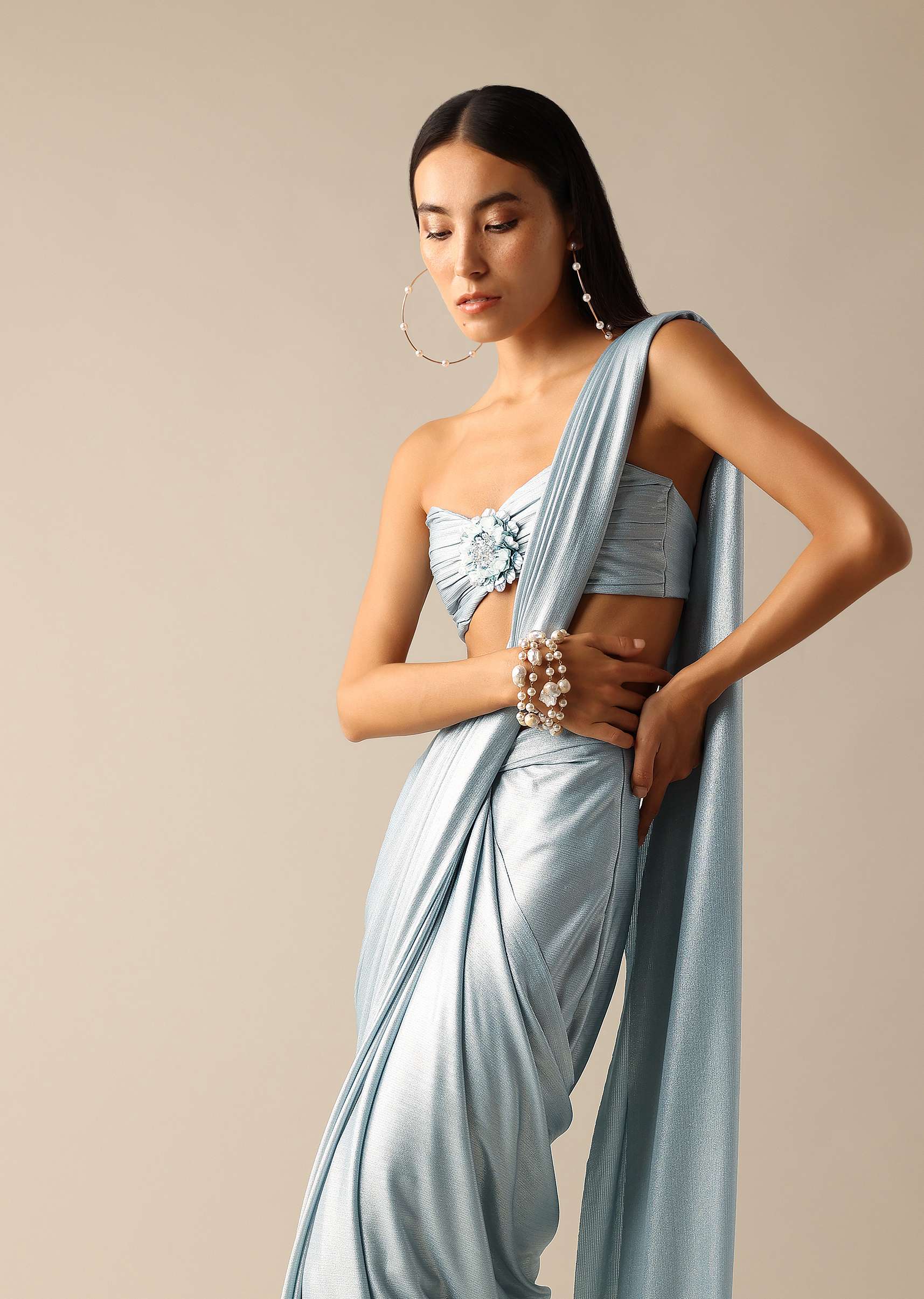 Blue Metallic Ruched Blouse With Pre-Stitched Saree