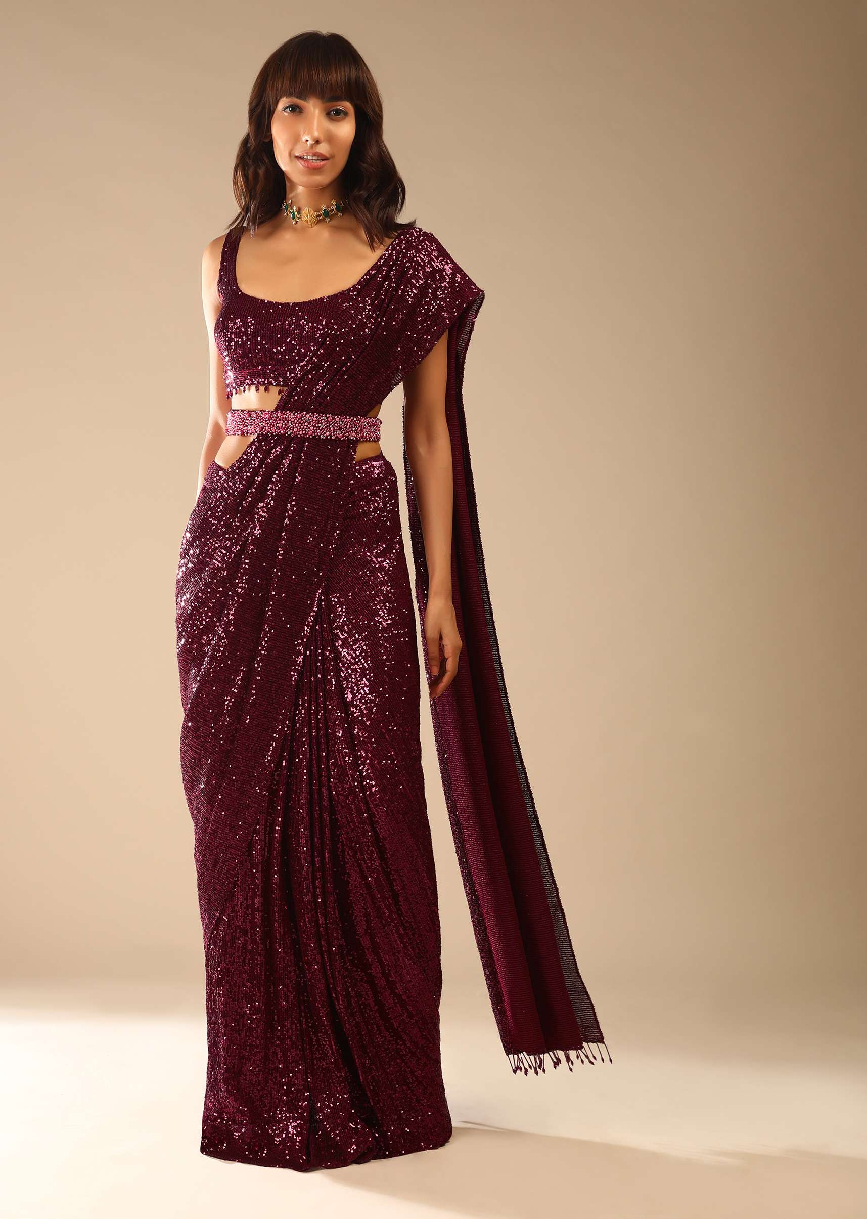 Burgundy Ready Pleated Saree Embellished In Sequins With Bead Fringes, Moti Embellished Belt And Matching Sequins Blouse