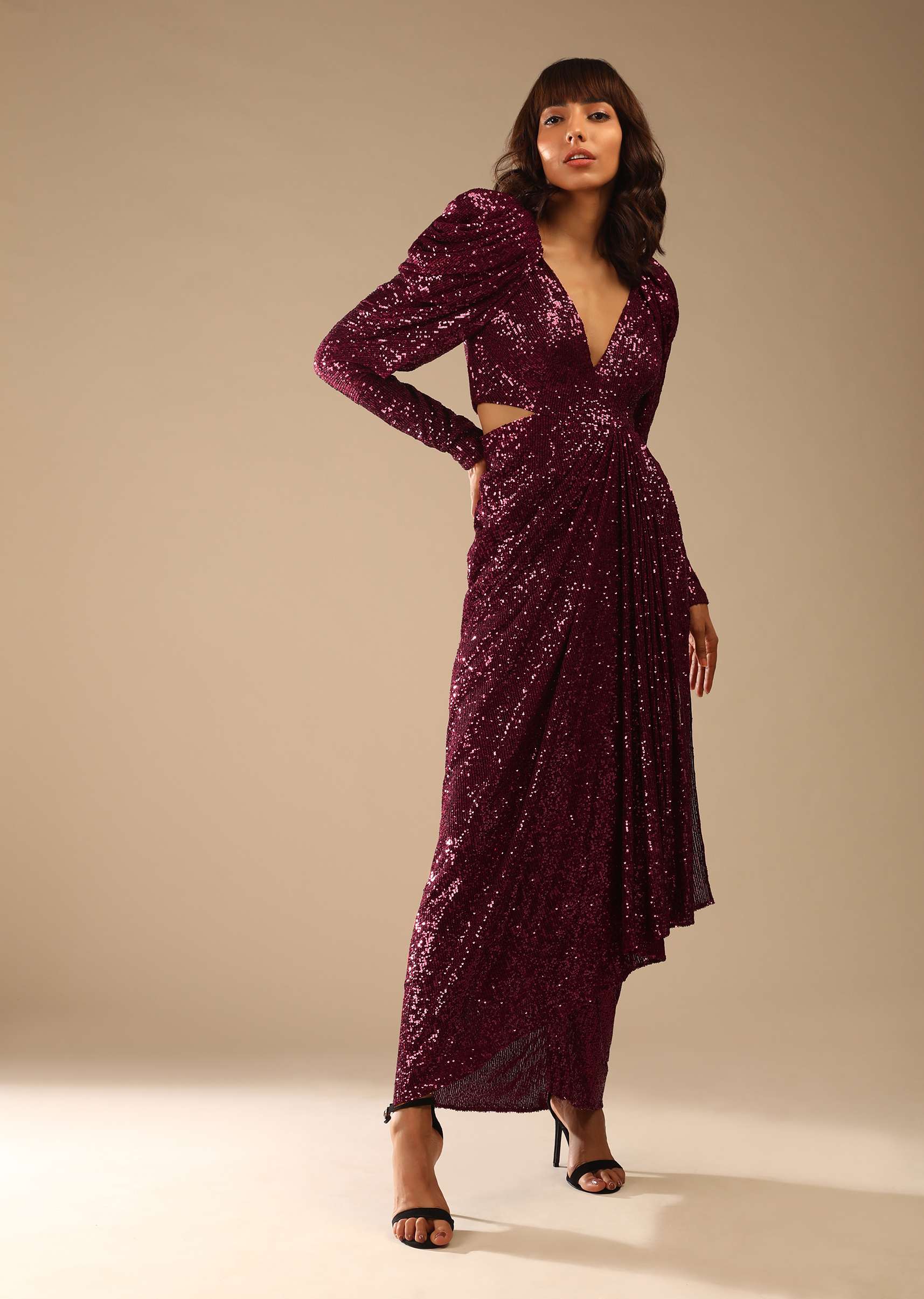 Burgundy Red Gown Embellished In Sequins With Elaborate Puffed Shoulders And Plunging Neckline Online - Kalki Fashion