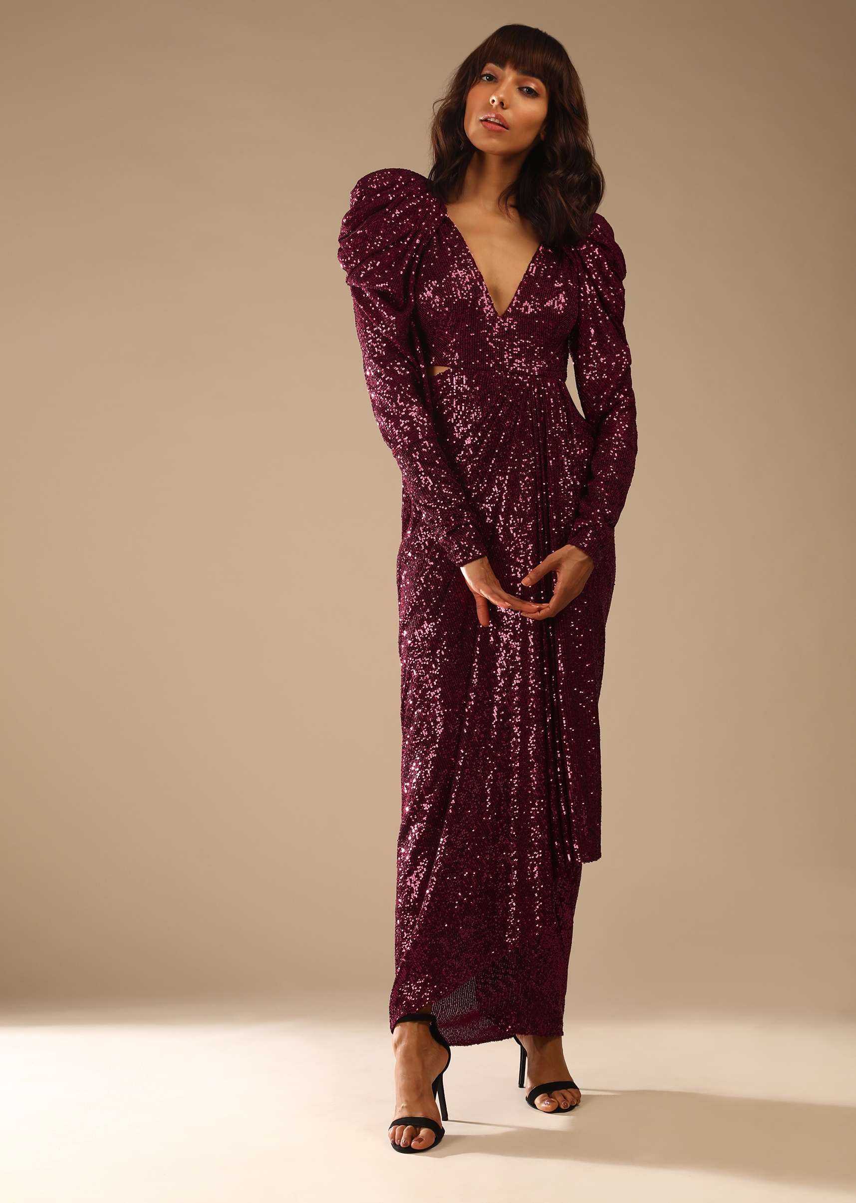 Burgundy Red Gown Embellished In Sequins With Elaborate Puffed Shoulders And Plunging Neckline Online - Kalki Fashion