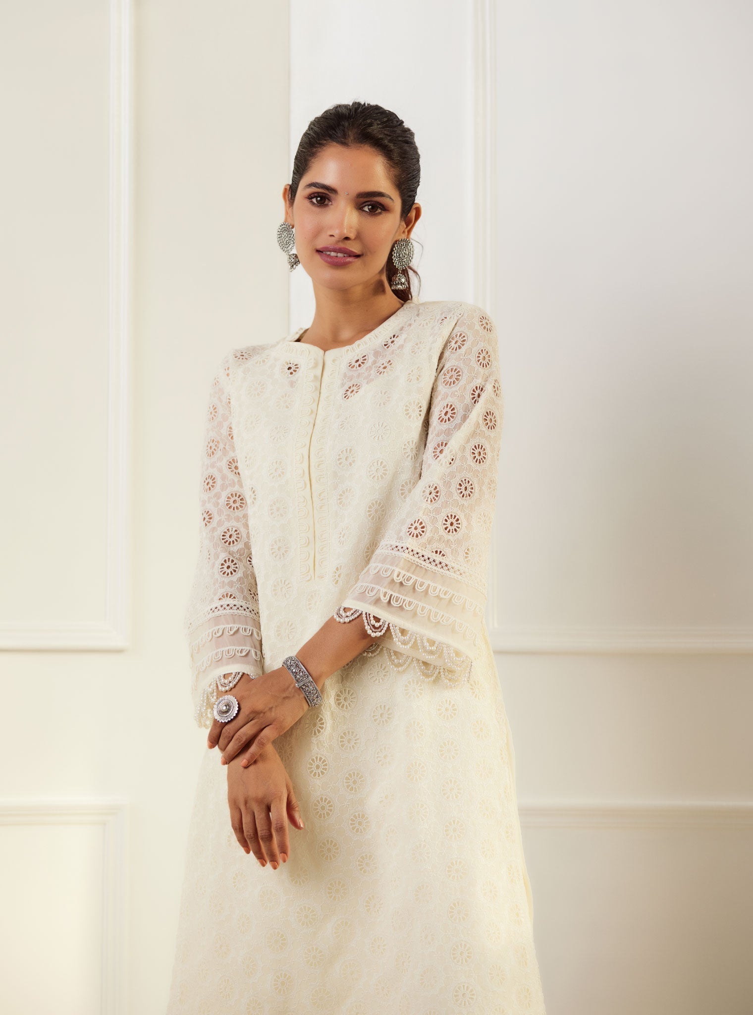 Mulmul Organza Charlotte Off White Kurta With Cotton Charlotte Off White Pant