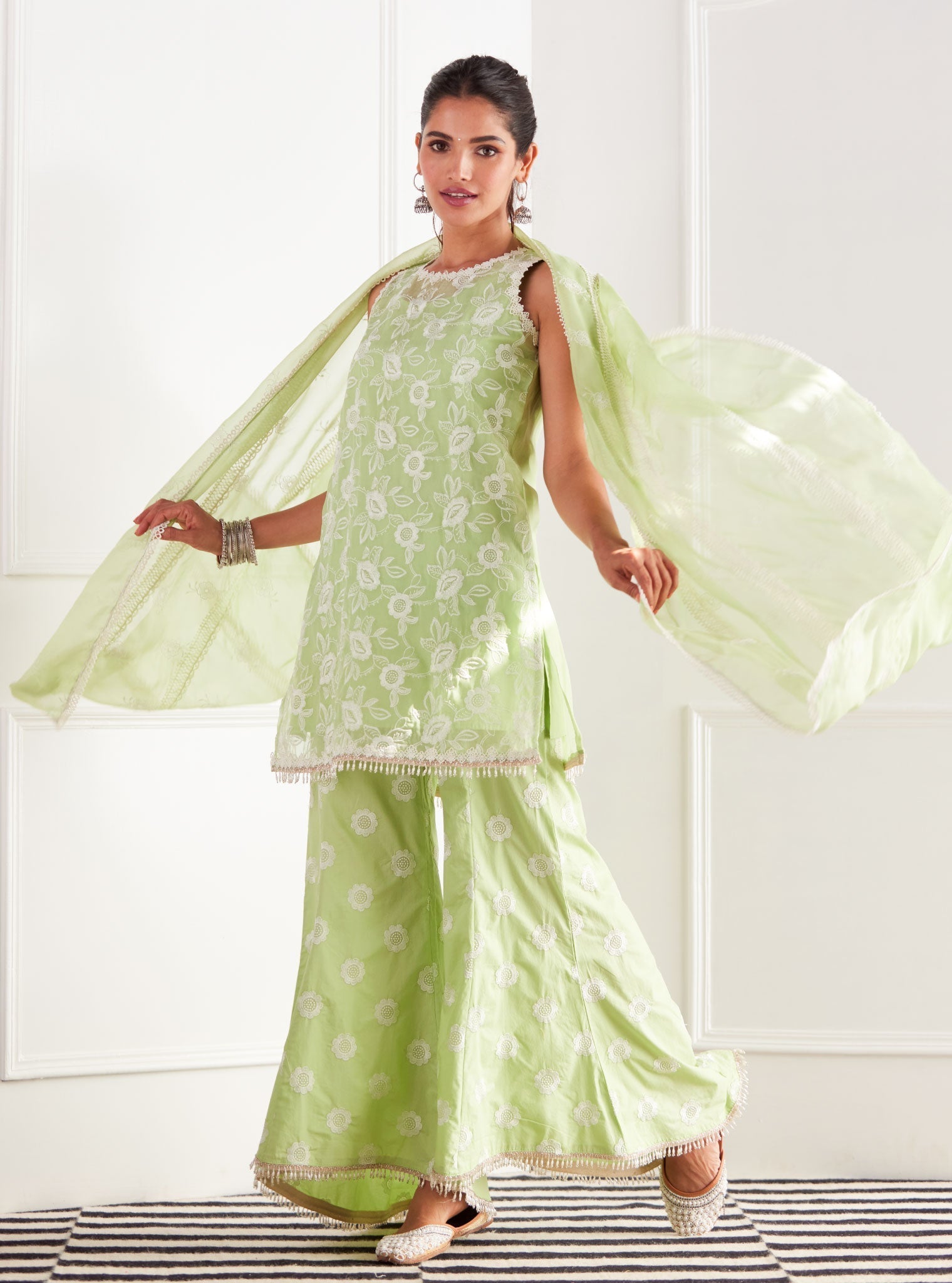 Mulmul Organza Cleo Green Kurta With Cotton Cleo Green Bell Bottom