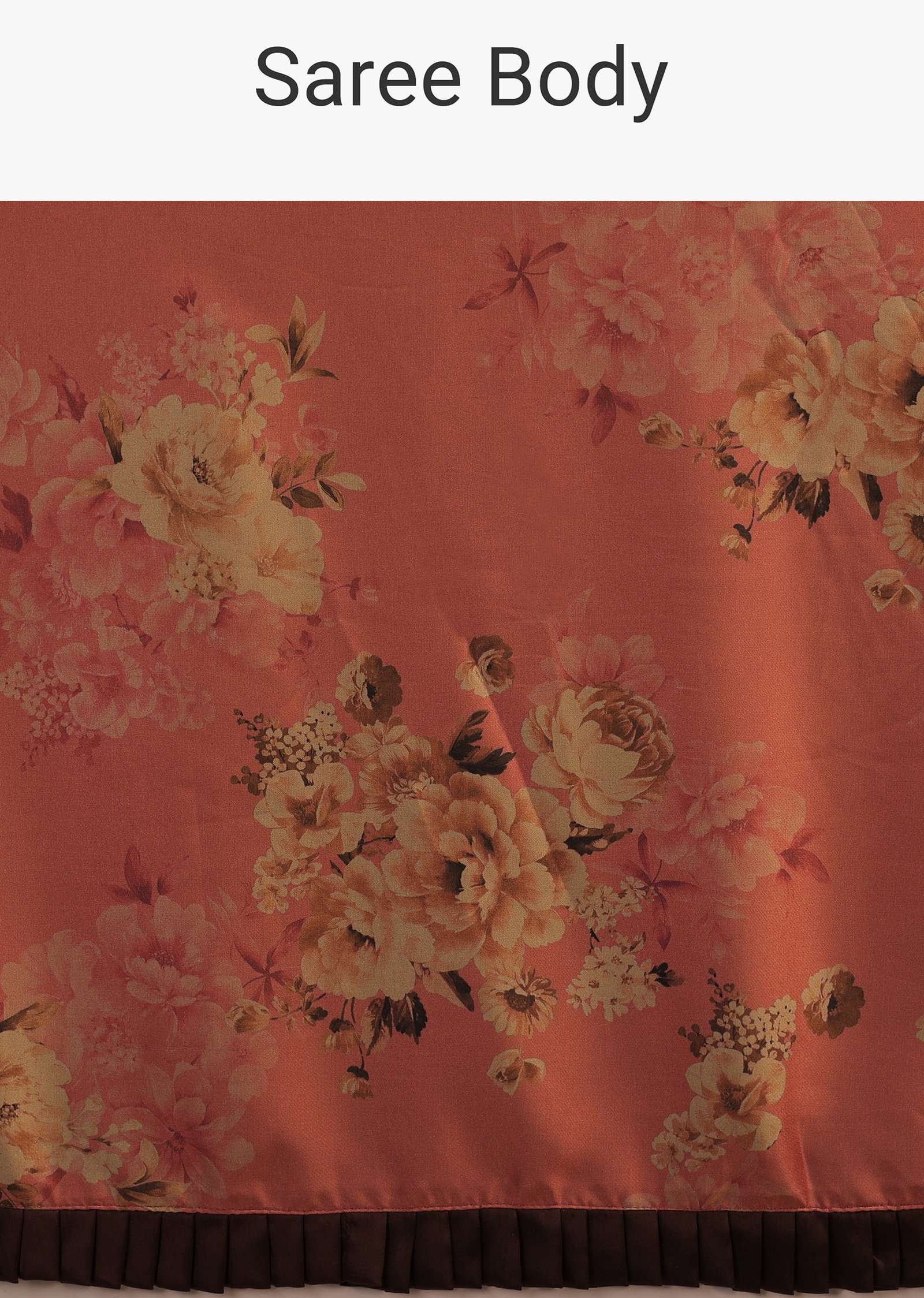 Coral Peach Saree With Brown Frill Borders And Floral Print