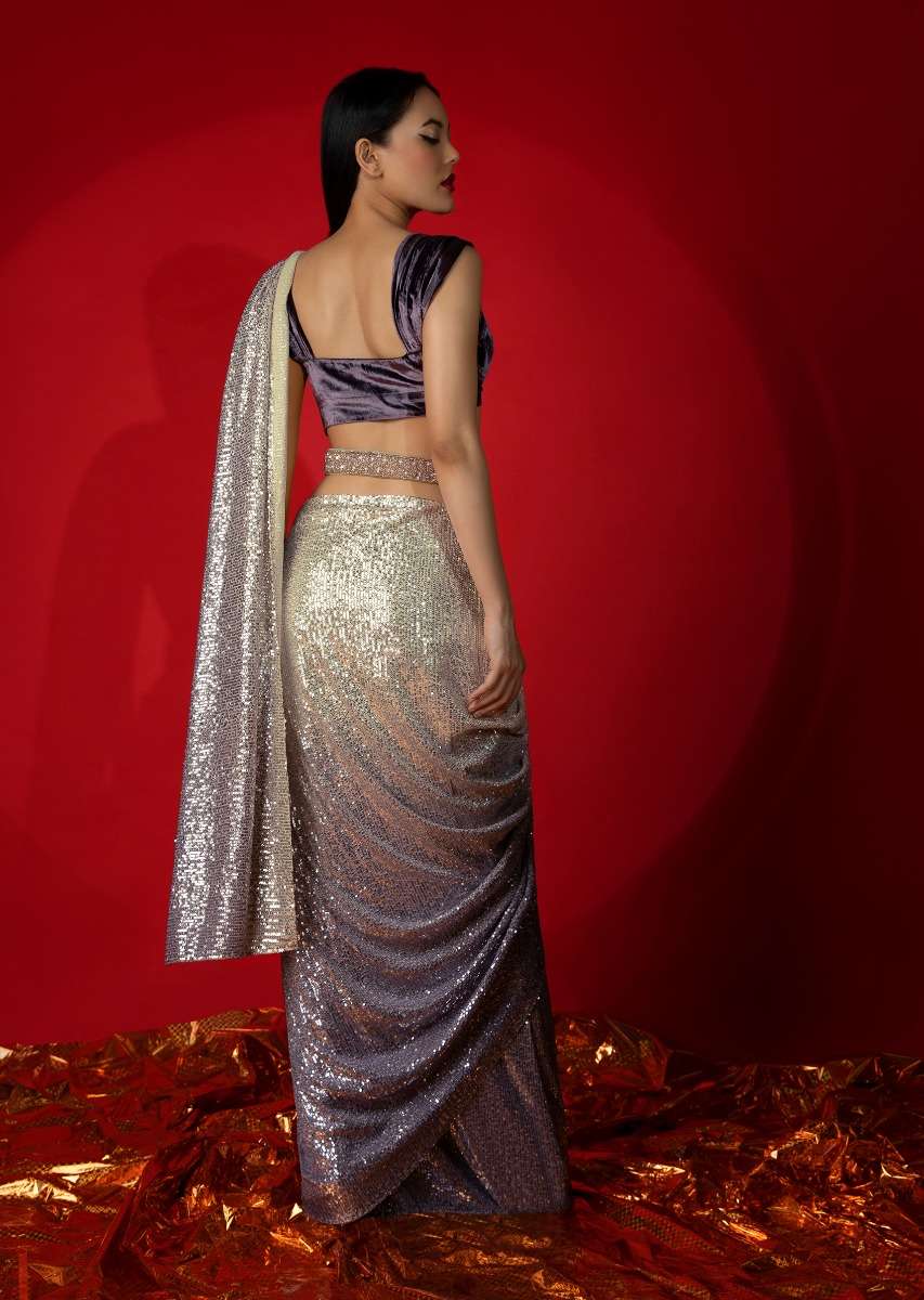 Cream And Lavender Shaded Ready Pleated Saree Embellished In Sequins With Grape Purple Velvet Blouse And Embroidered Belt