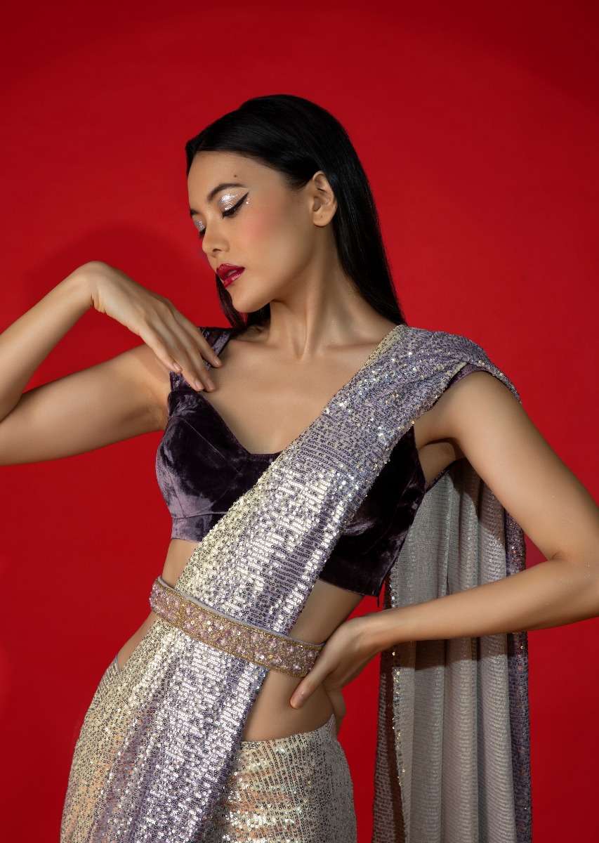 Cream And Lavender Shaded Ready Pleated Saree Embellished In Sequins With Grape Purple Velvet Blouse And Embroidered Belt