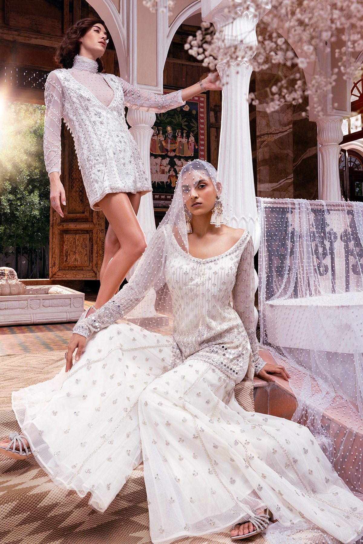 White With Silver Embroidered Blazer Set