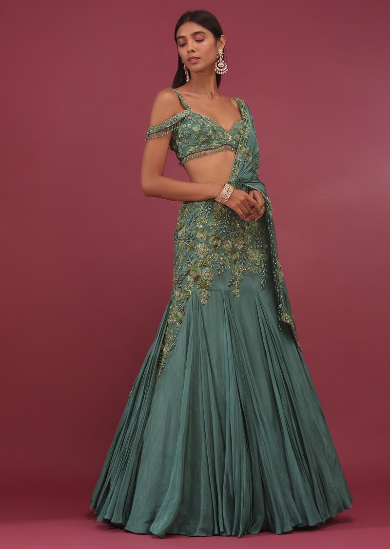 Mint Blue Lehenga Set In Pure Crepe Embroidered With Attached Dupatta - Noor 2022