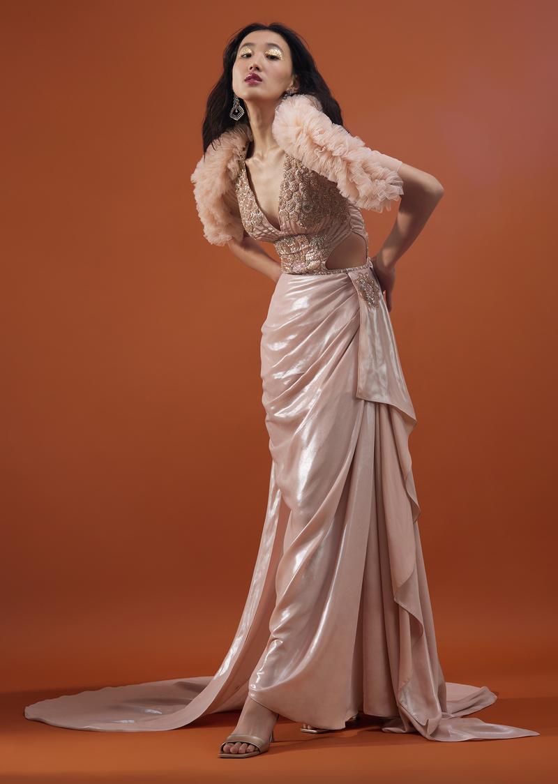 Festive Silver Pink Victorian Gown In Satin Milano With Ruffle Sleeves And Cowl Drape - Noor 2022
