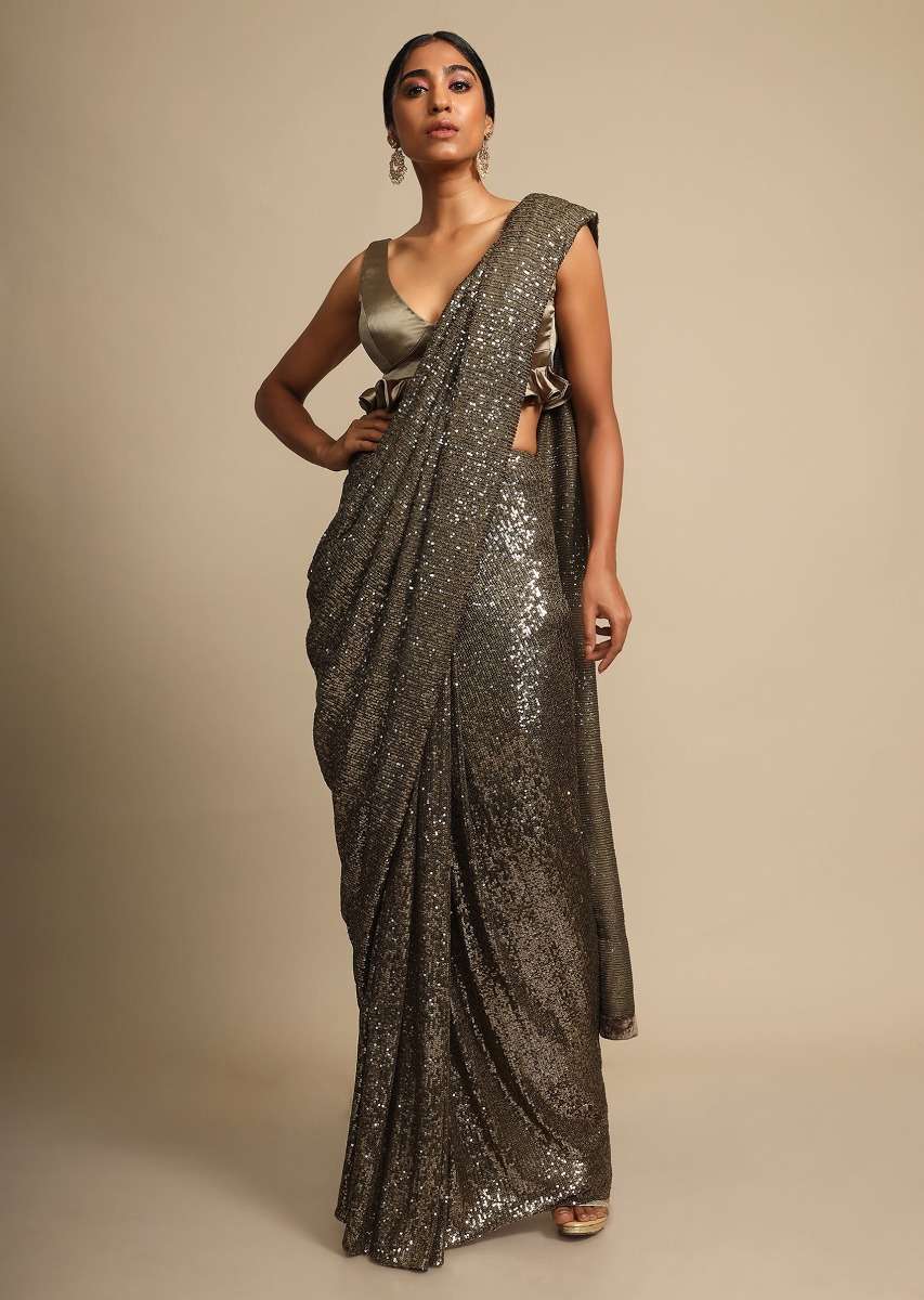 Greenish Gold Saree Embellished In Sequins With Ready Stitched Pleats