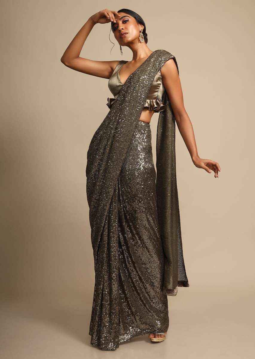 Greenish Gold Saree Embellished In Sequins With Ready Stitched Pleats