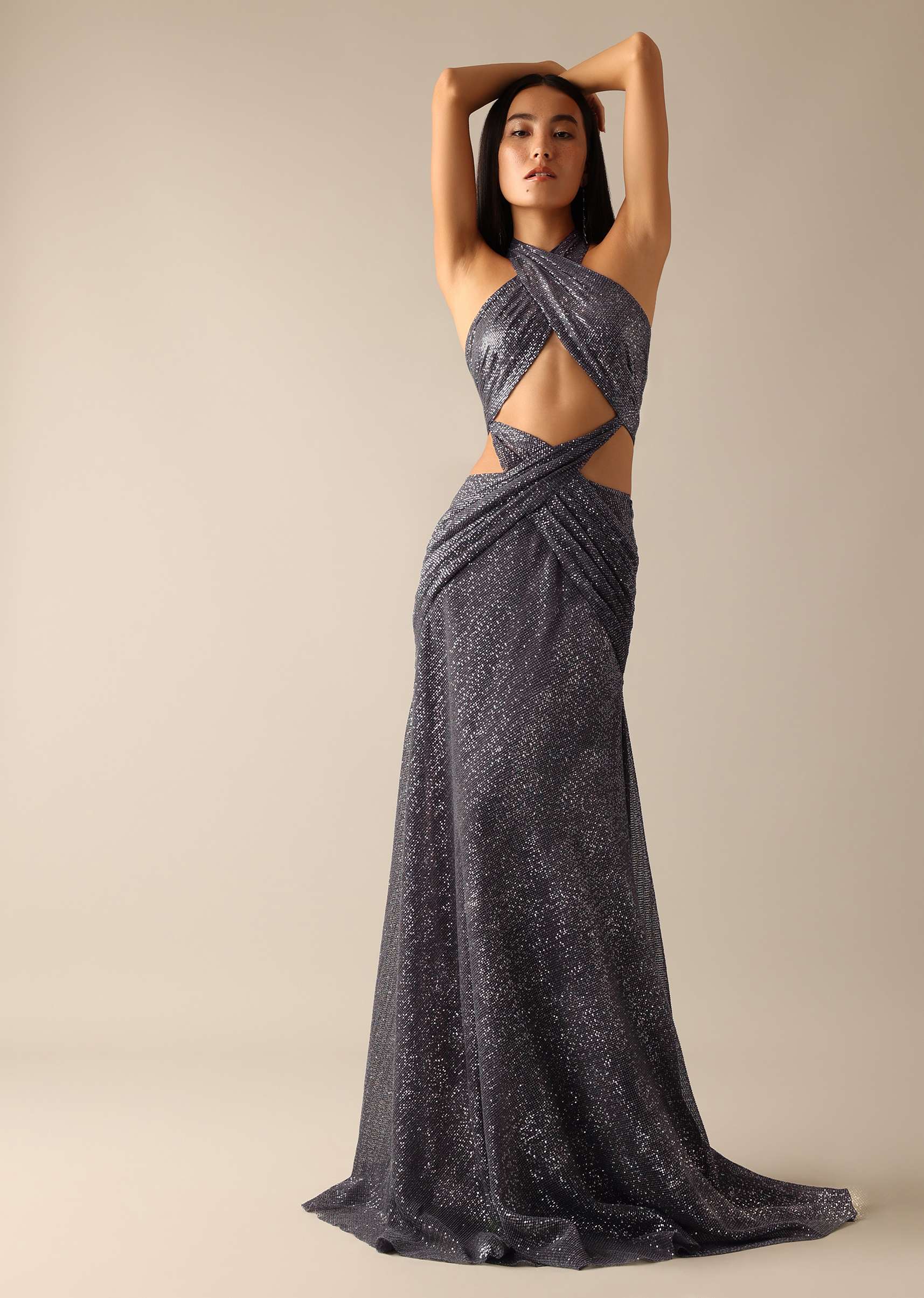 Grey Halter Neck Gown With Draped Detail