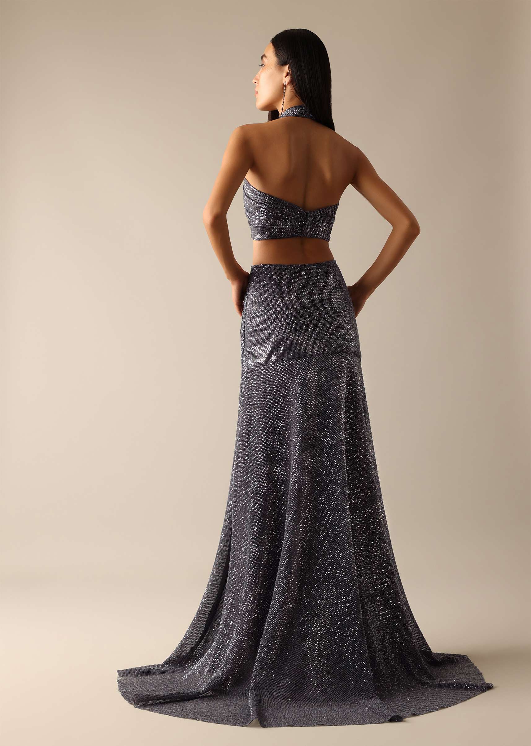 Grey Halter Neck Gown With Draped Detail