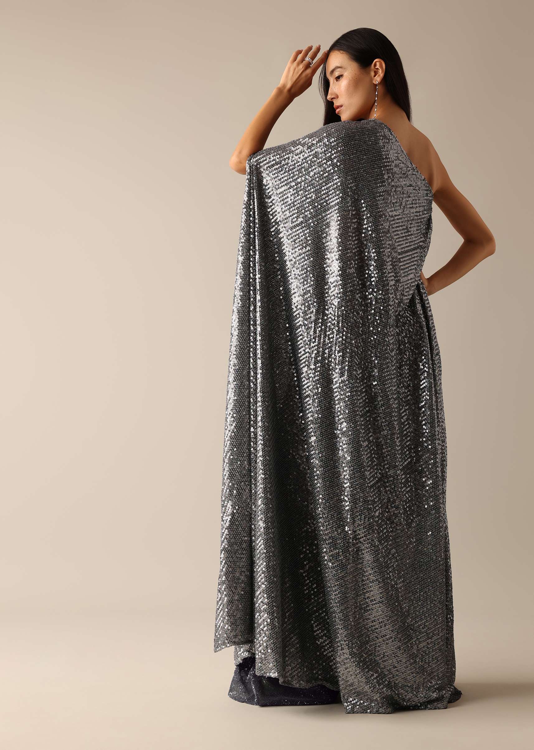 Grey One-Shoulder Sequin Tunic With Palazzo Pants