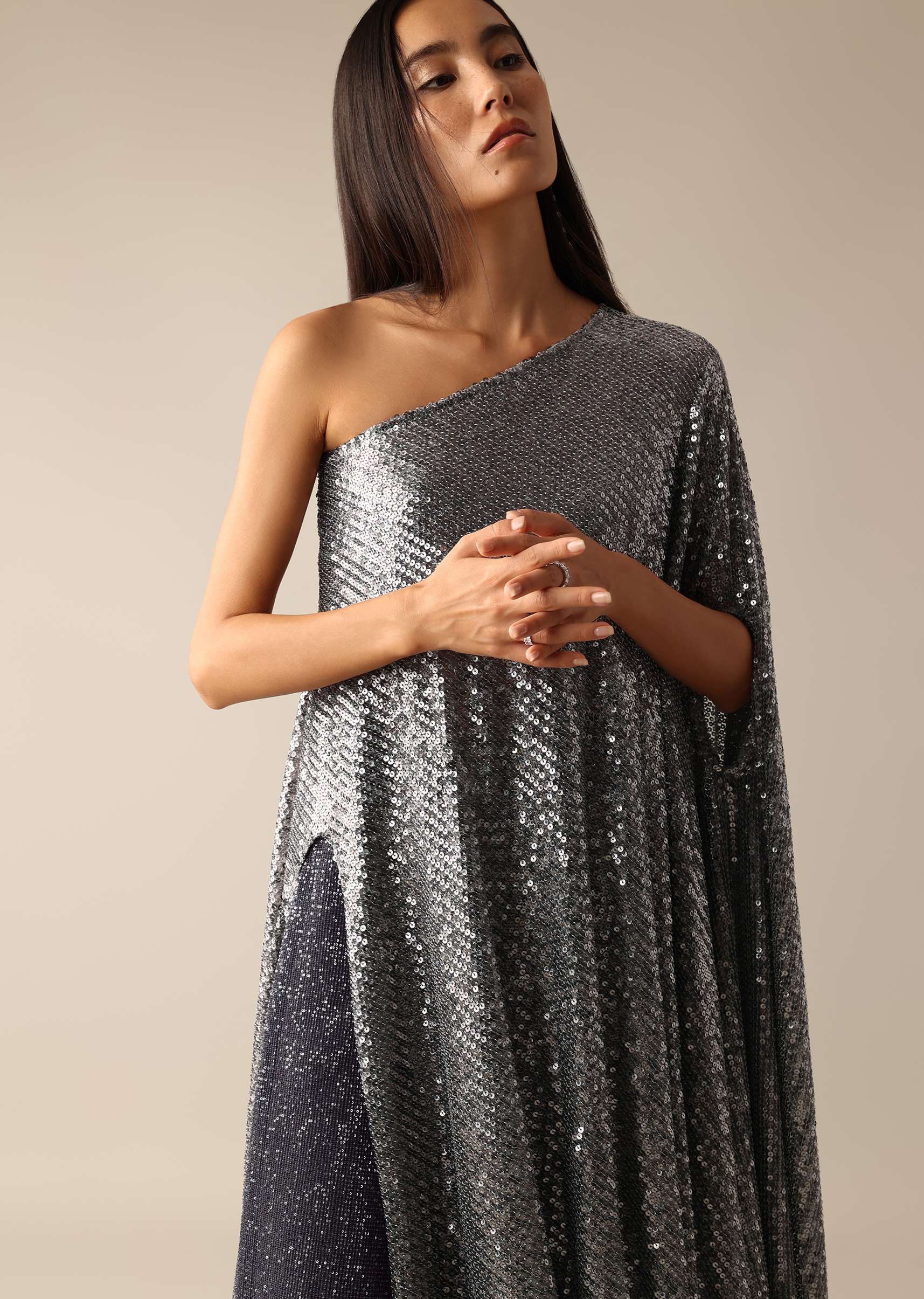 Grey One-Shoulder Sequin Tunic With Palazzo Pants