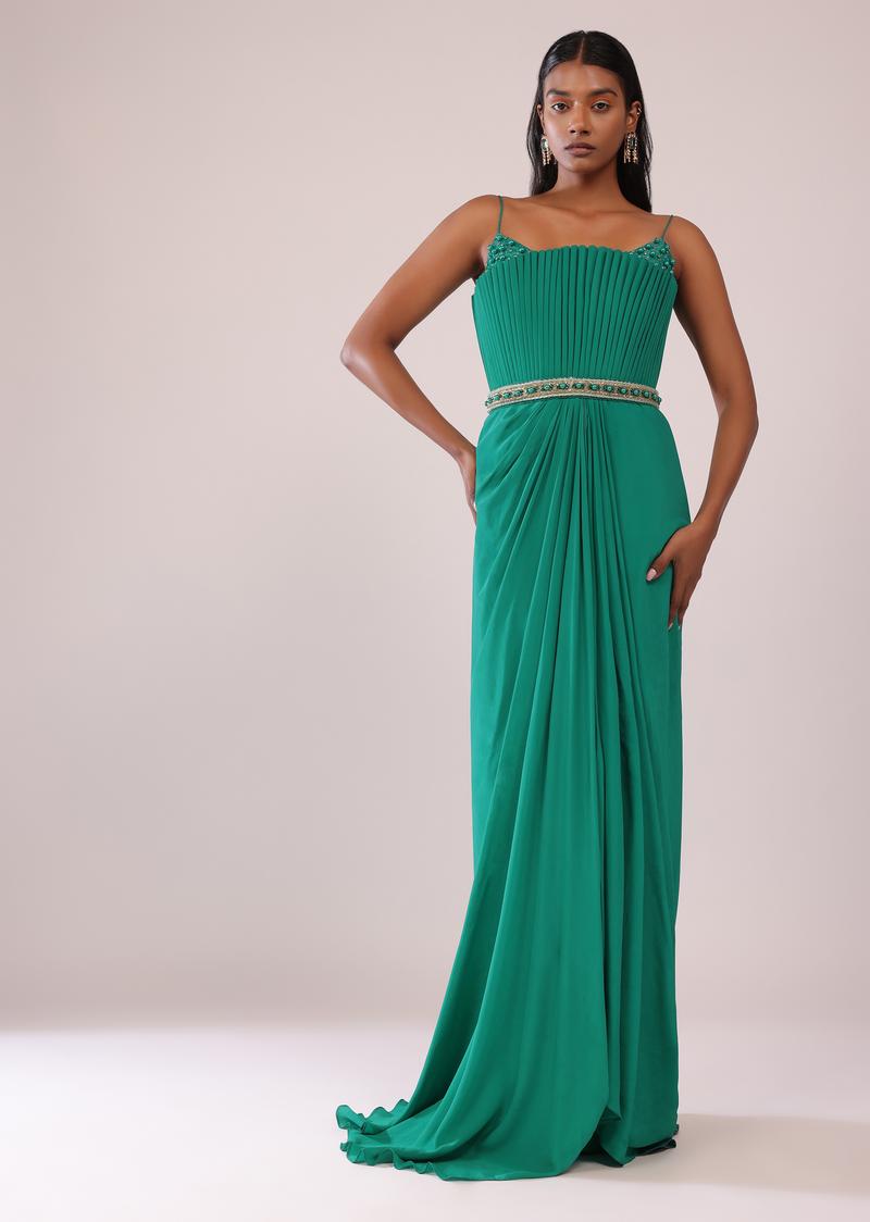 Jade Green Crepe Gown And Belt Adorned With Moti And Beads