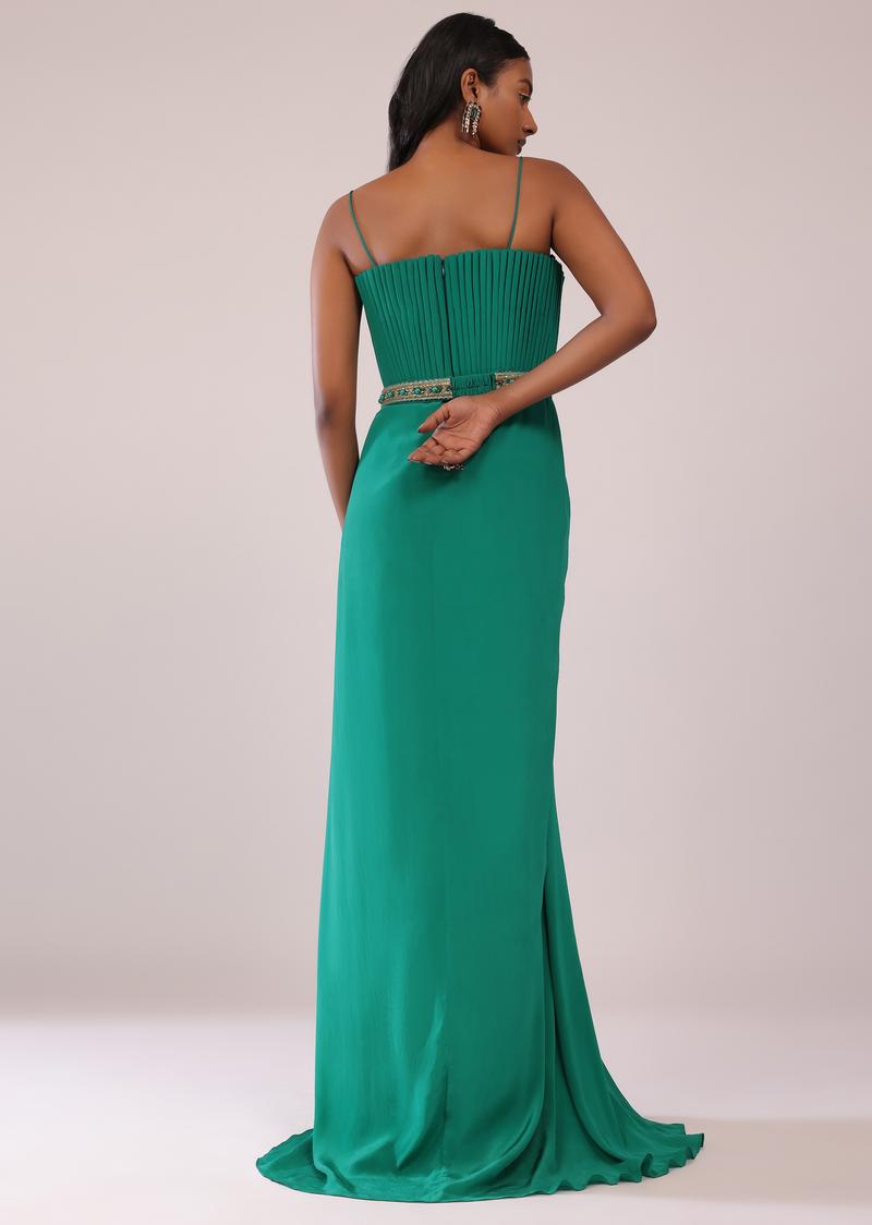Jade Green Crepe Gown And Belt Adorned With Moti And Beads