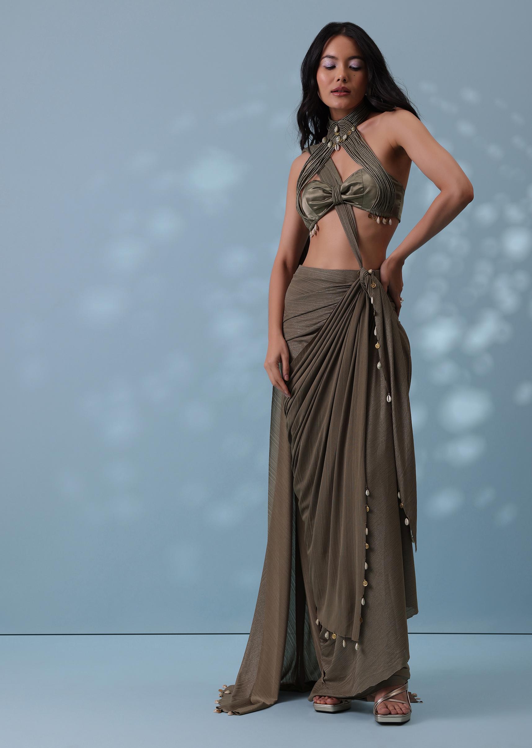 Kalki Fashion,SG136619,Dusty Brown Drape Skirt And Blouse With Shell Tassels All-Over