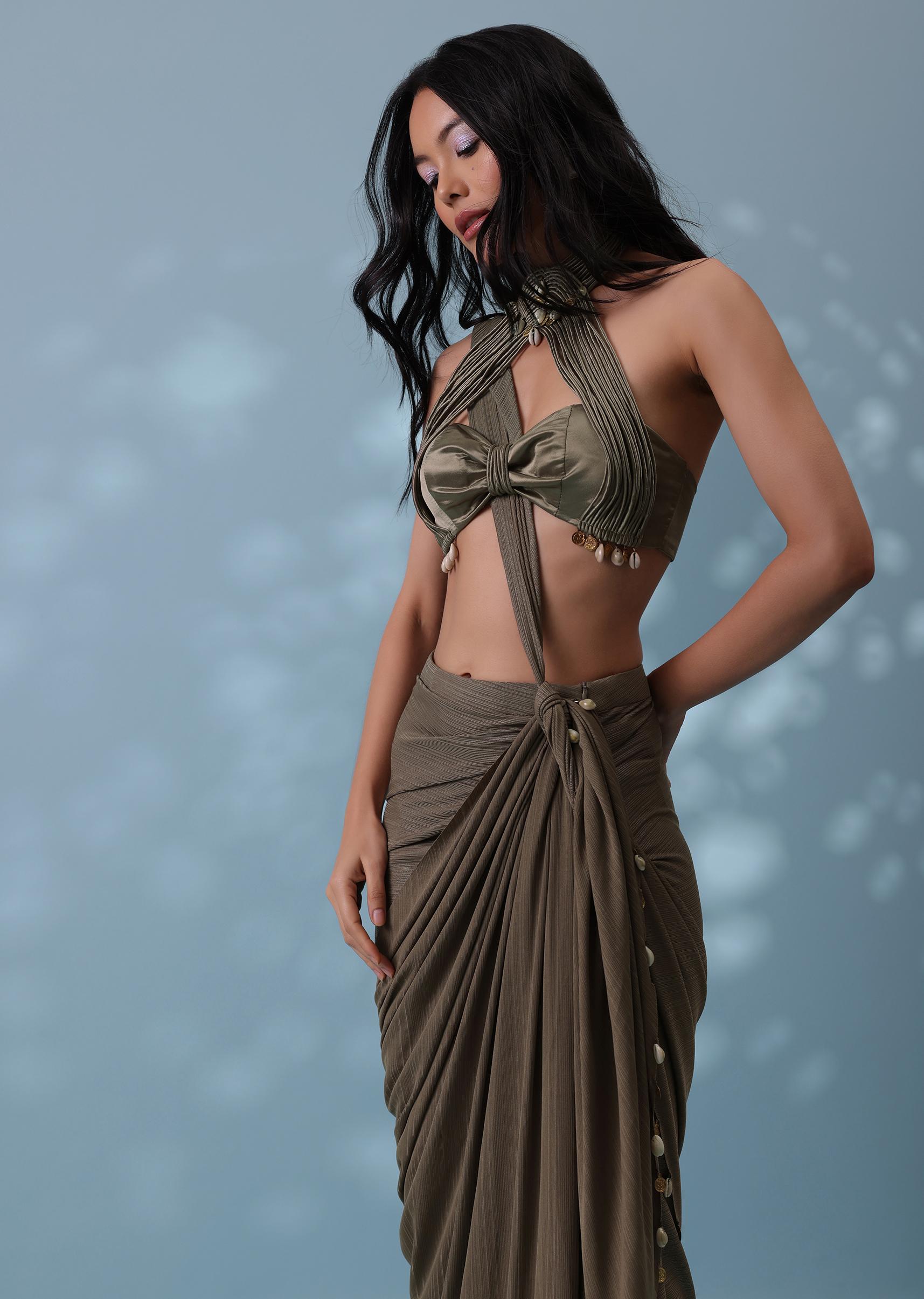 Kalki Fashion,SG136619,Dusty Brown Drape Skirt And Blouse With Shell Tassels All-Over