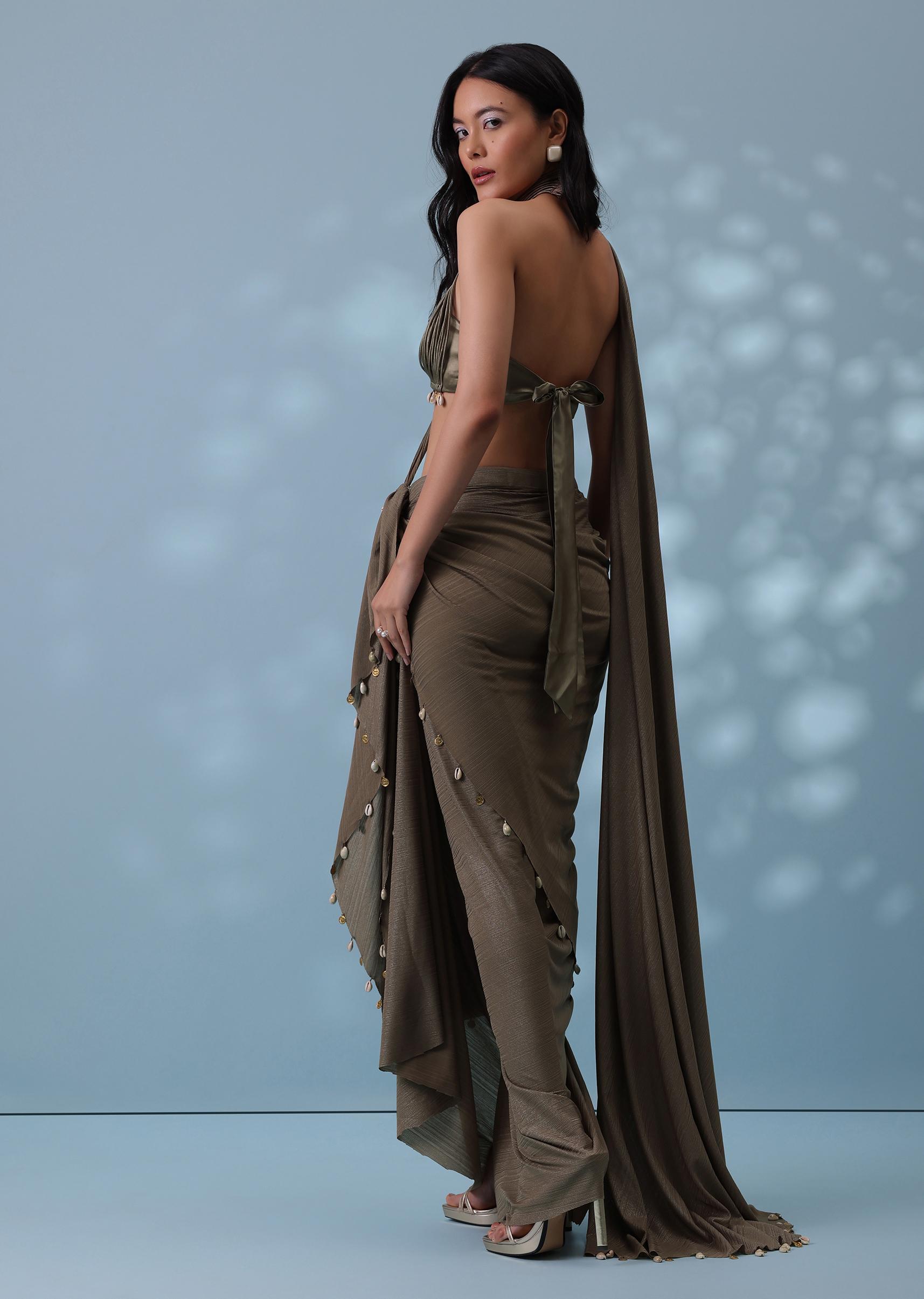 Kalki Fashion,SG136619,Dusty Brown Drape Skirt And Blouse With Shell Tassels All-Over