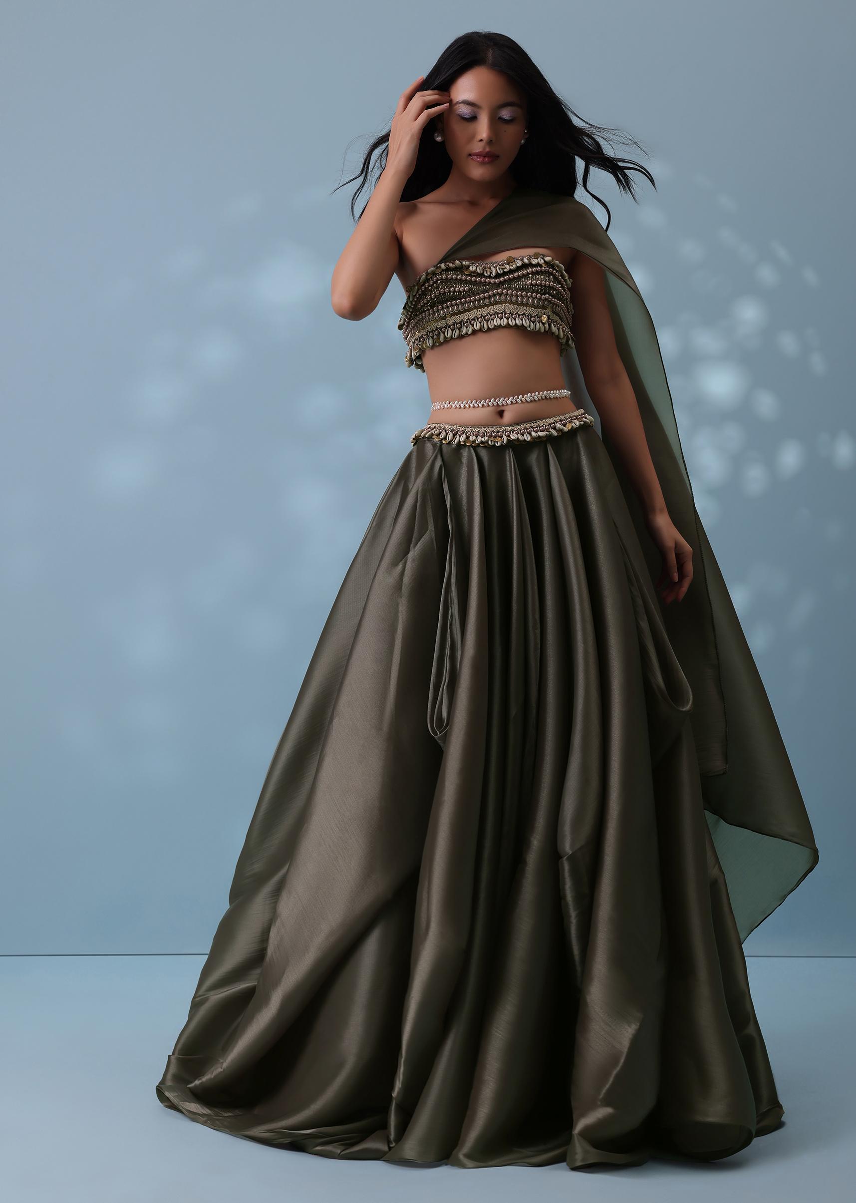 Kalki Fashion,SG132395,Dusty Brown Embroidered Cowl Lehenga With Tube Top In Shimmer Organza