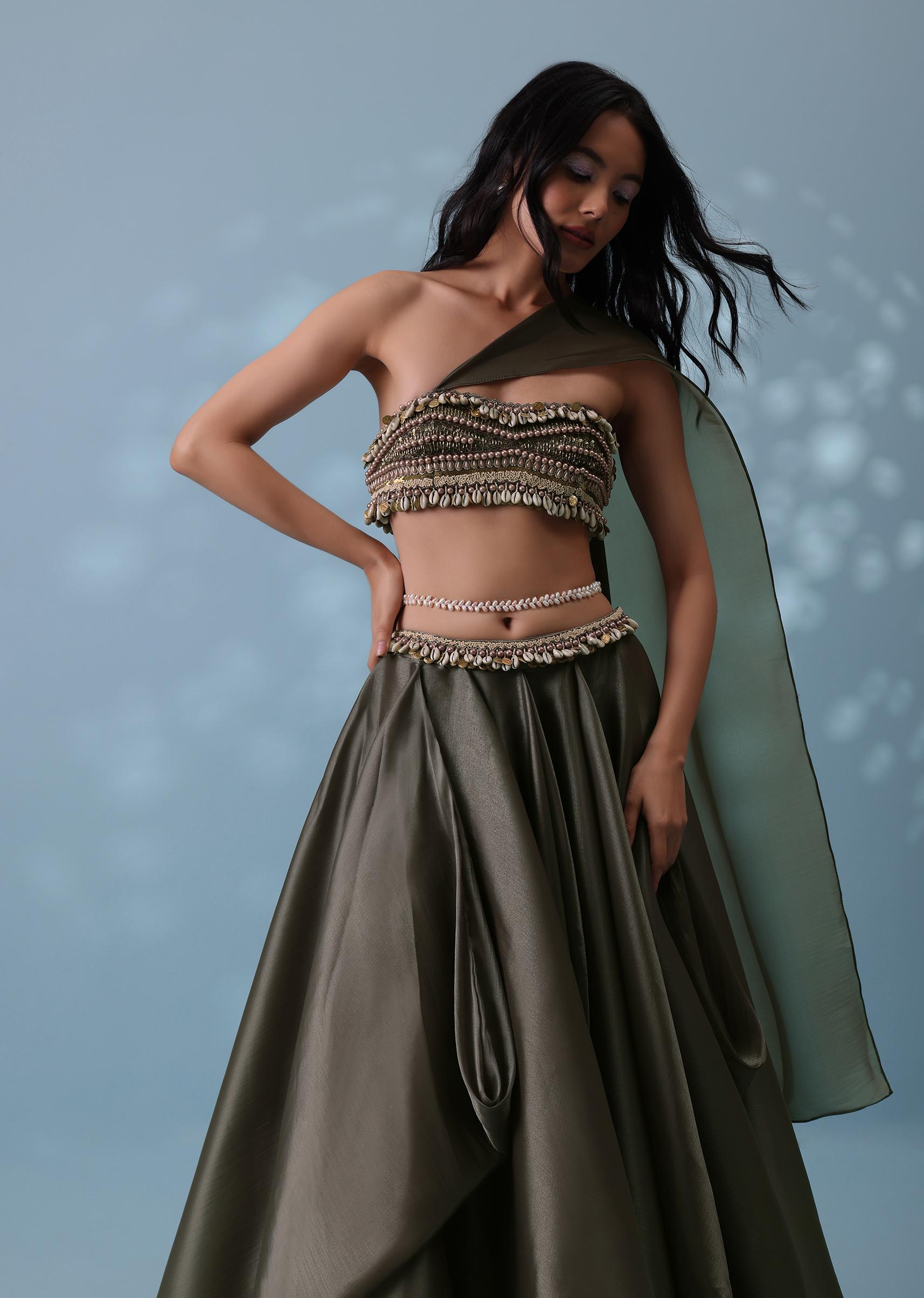 Kalki Fashion,SG132395,Dusty Brown Embroidered Cowl Lehenga With Tube Top In Shimmer Organza