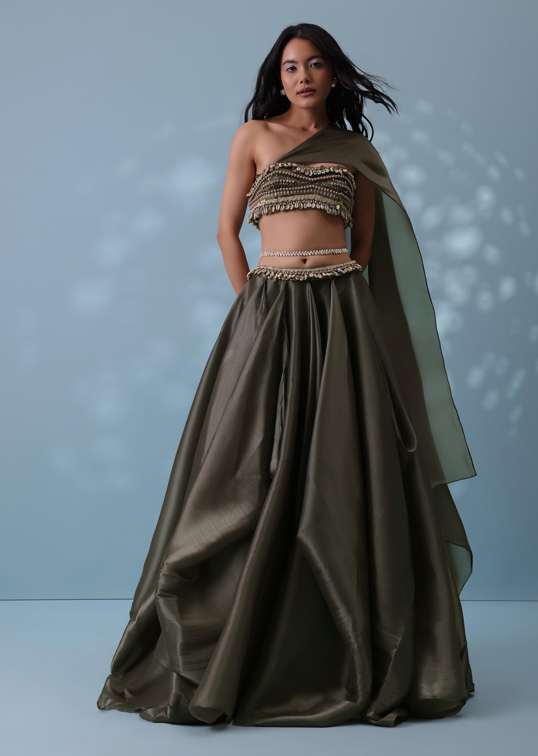 Kalki Fashion,SG132395,Dusty Brown Embroidered Cowl Lehenga With Tube Top In Shimmer Organza