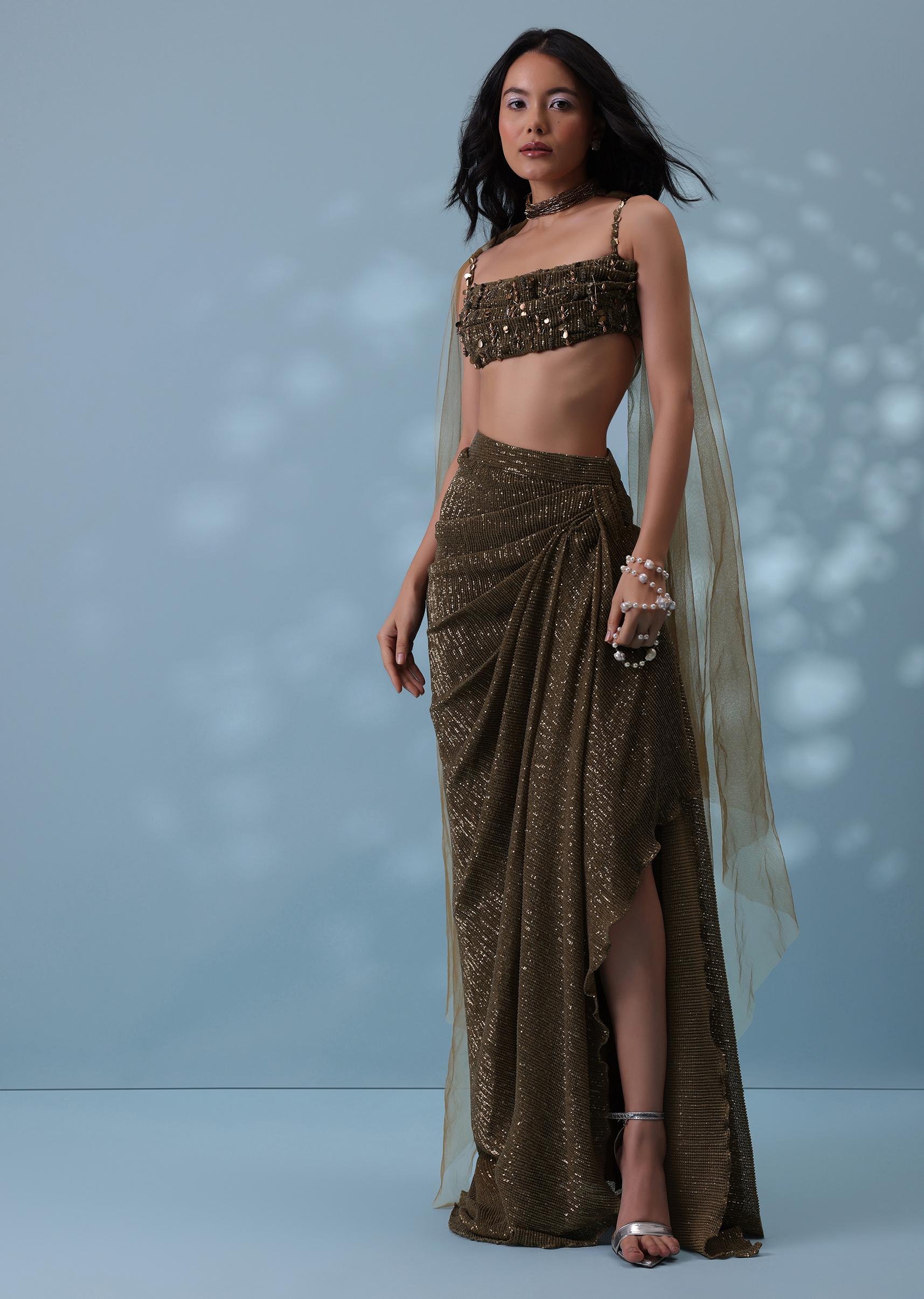 Kalki Fashion,SG133300,Dusty Brown Embroidered Indowestern Drape Skirt And Blouse In Lycra Sequins With Matching Choker