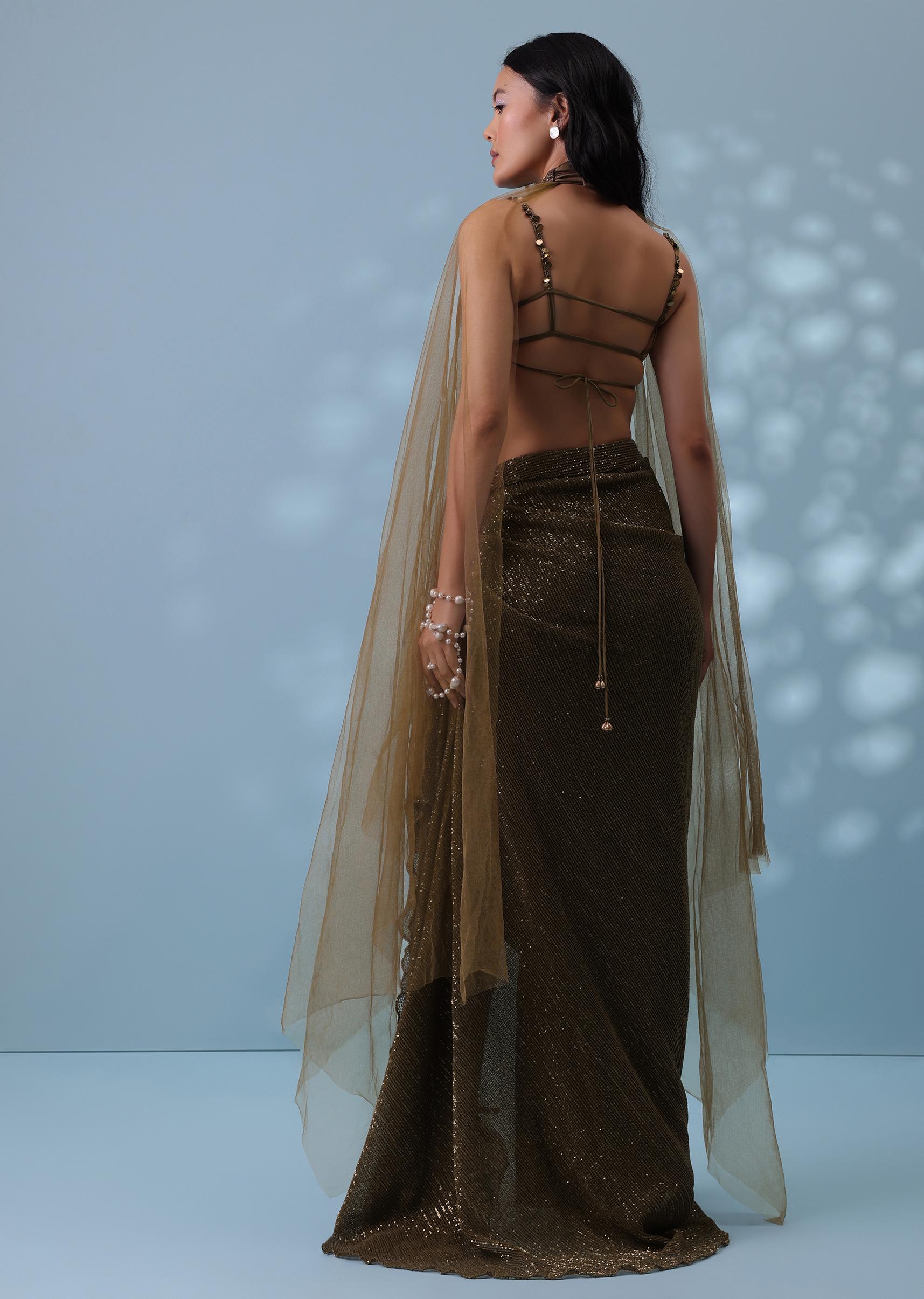 Kalki Fashion,SG133300,Dusty Brown Embroidered Indowestern Drape Skirt And Blouse In Lycra Sequins With Matching Choker