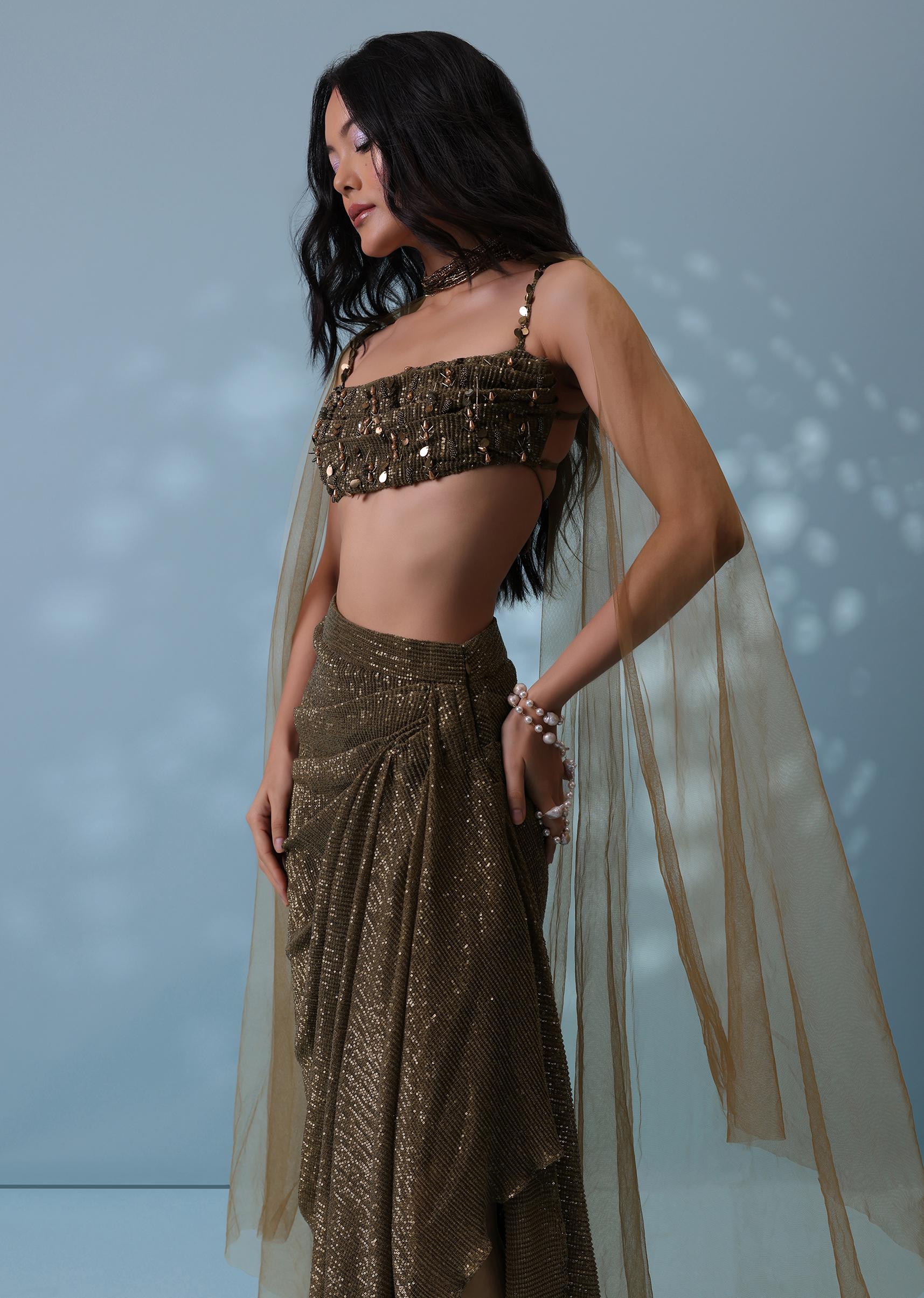 Kalki Fashion,SG133300,Dusty Brown Embroidered Indowestern Drape Skirt And Blouse In Lycra Sequins With Matching Choker