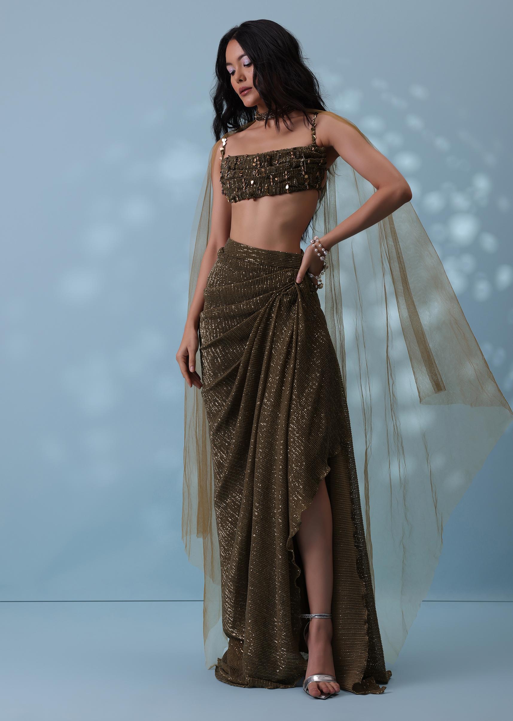 Kalki Fashion,SG133300,Dusty Brown Embroidered Indowestern Drape Skirt And Blouse In Lycra Sequins With Matching Choker