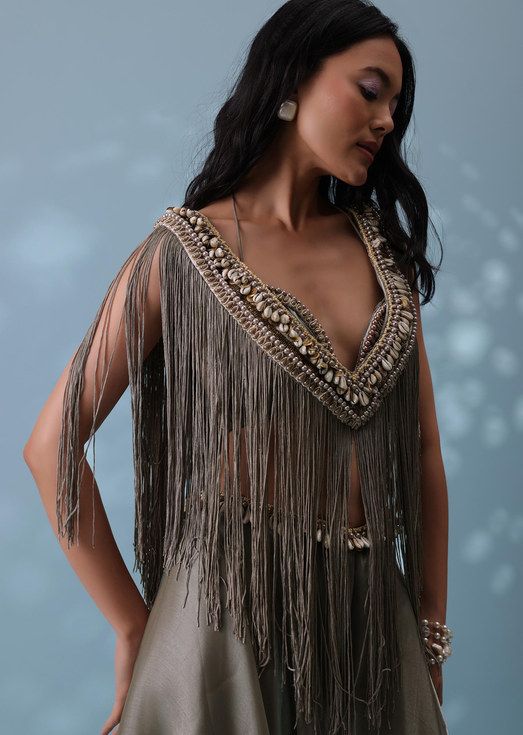 Kalki Fashion,SG132390,Dusty Brown Embroidered Skirt Top Set In Shimmer Organza With Fringe Shrug