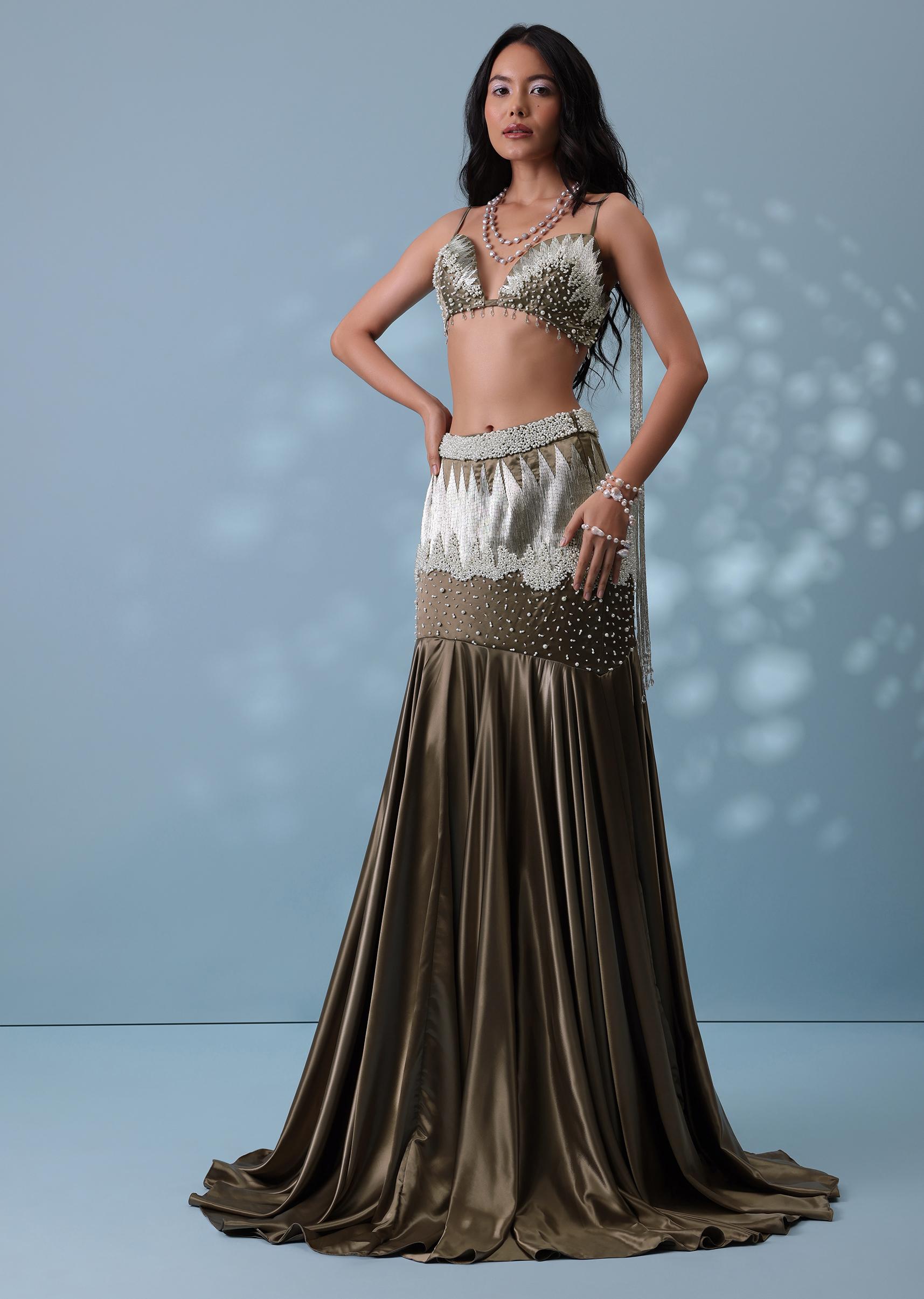 Kalki Fashion,SG132219,Dusty Brown Embroidered Trail Lehenga Set In Milano Satin With Tassel Blouse