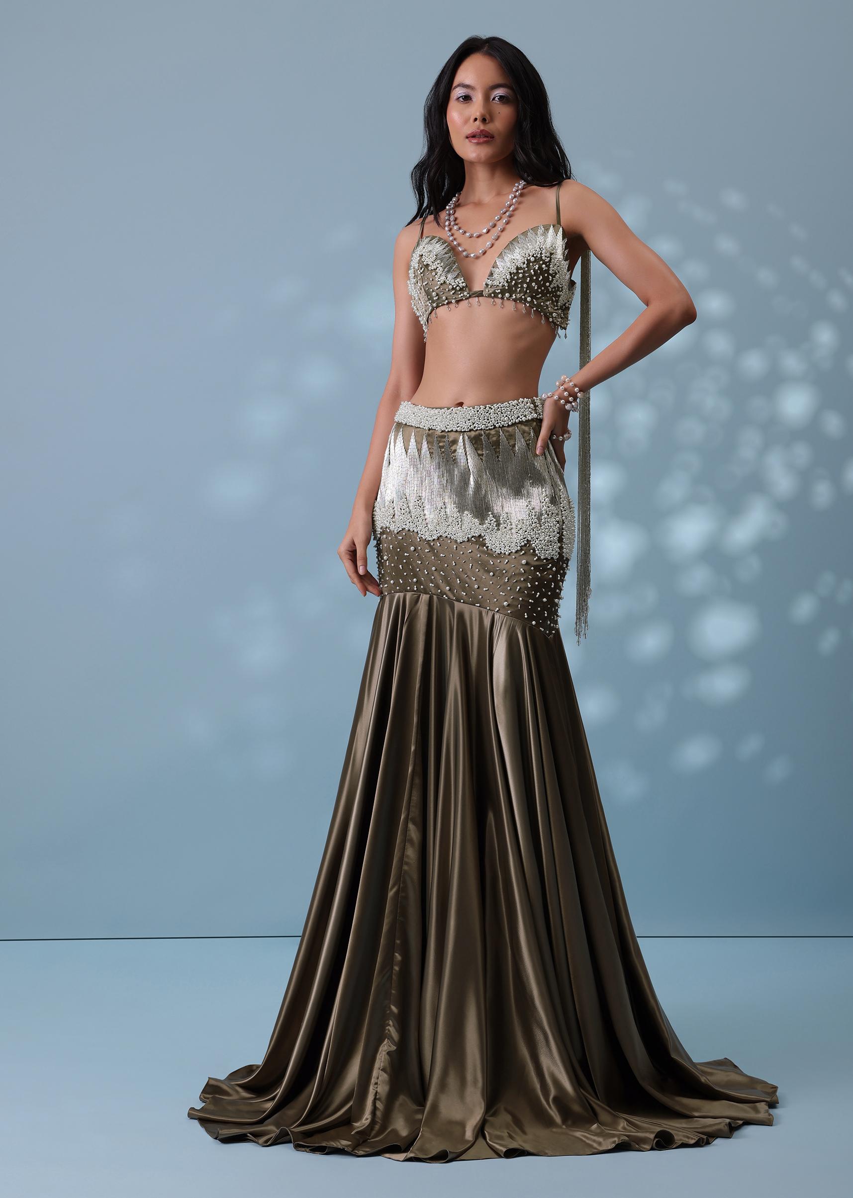 Kalki Fashion,SG132219,Dusty Brown Embroidered Trail Lehenga Set In Milano Satin With Tassel Blouse