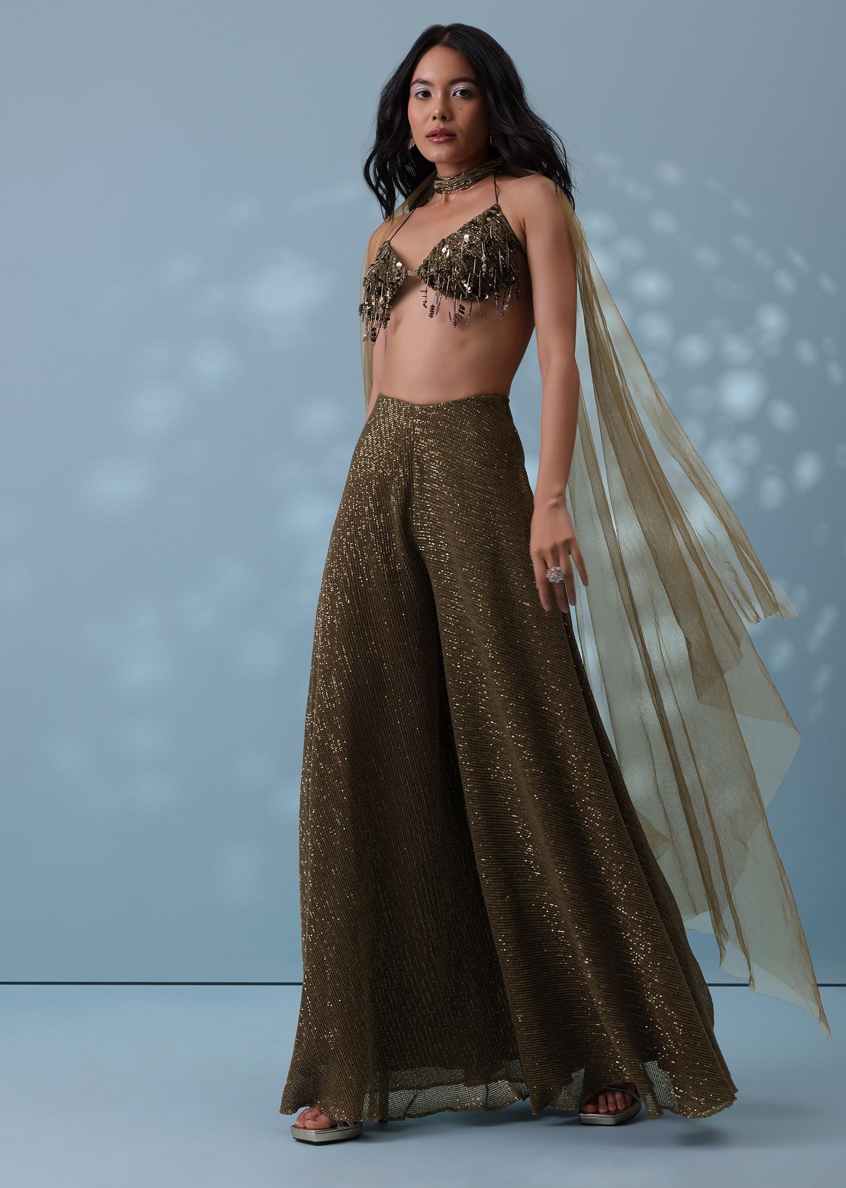 Kalki Fashion,SG133295,Dusty Brown Fancy Indowestern Palazzo And Bustier In Lycra Sequins With Choker