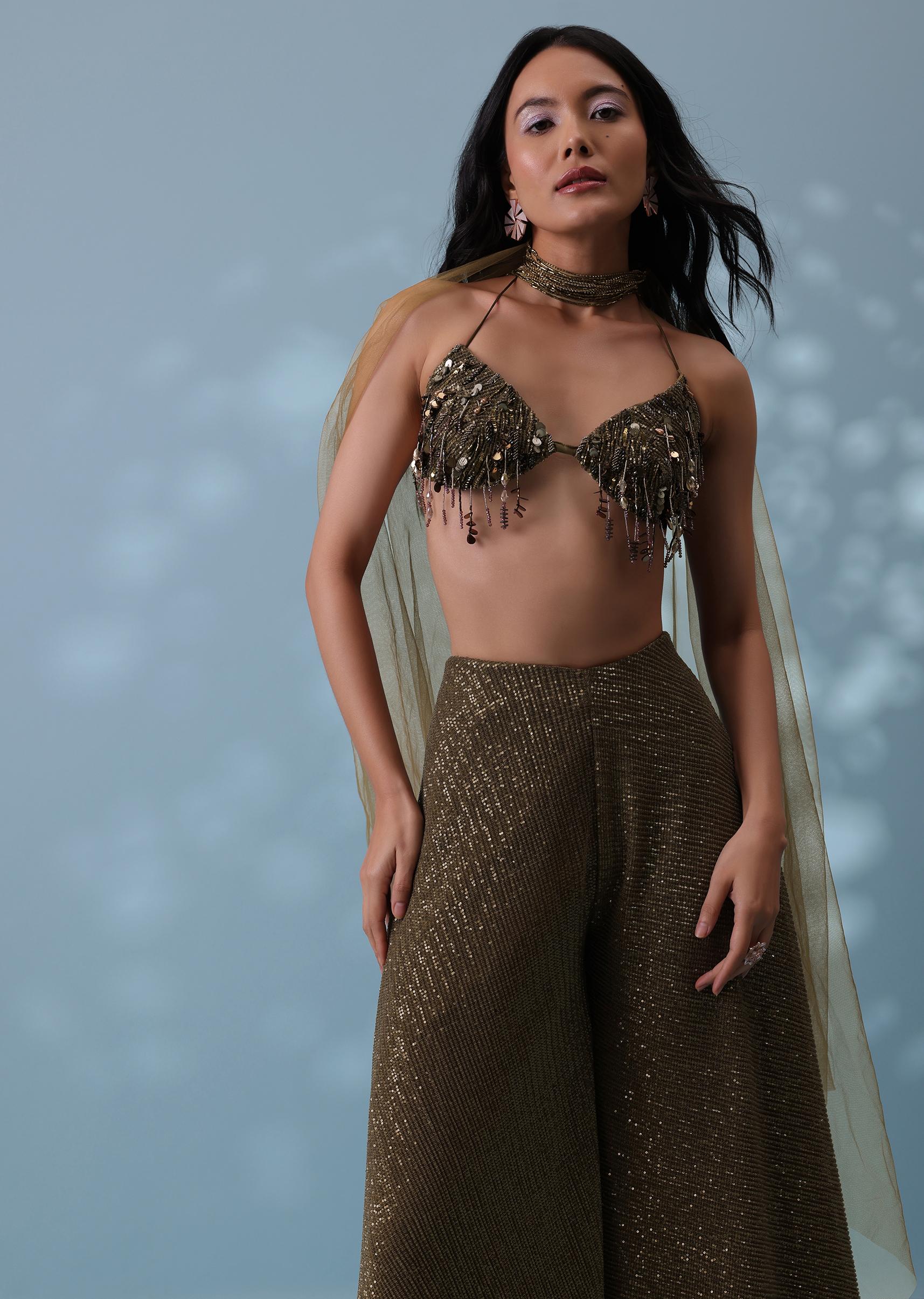 Kalki Fashion,SG133295,Dusty Brown Fancy Indowestern Palazzo And Bustier In Lycra Sequins With Choker