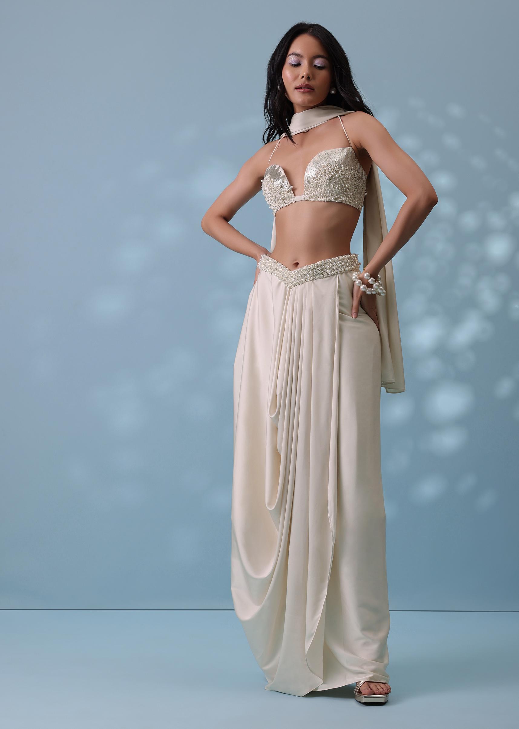 Kalki Fashion,SG132221,Ivory White Embroidered Drape Skirt And Bustier Top In Milano Satin