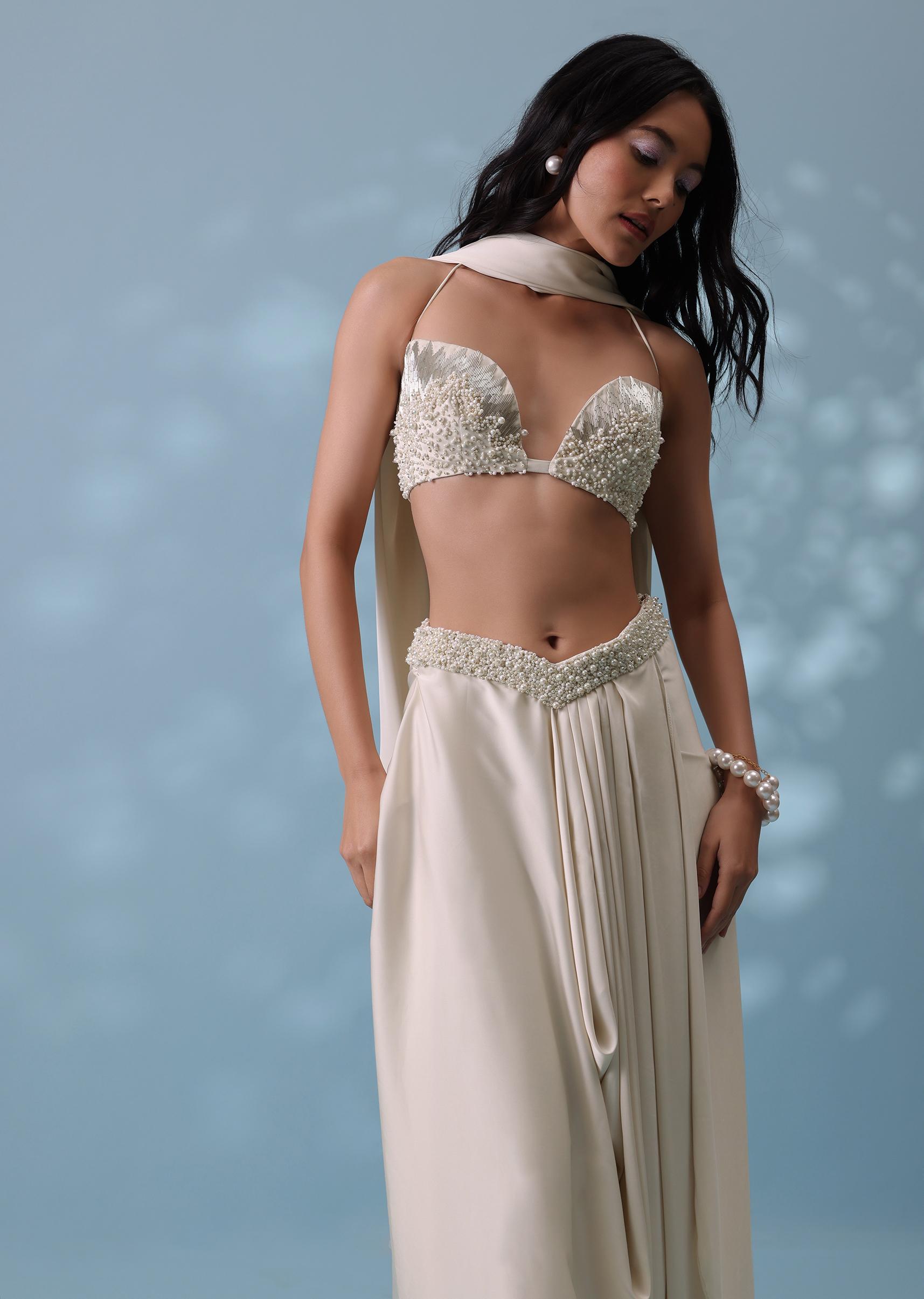 Kalki Fashion,SG132221,Ivory White Embroidered Drape Skirt And Bustier Top In Milano Satin