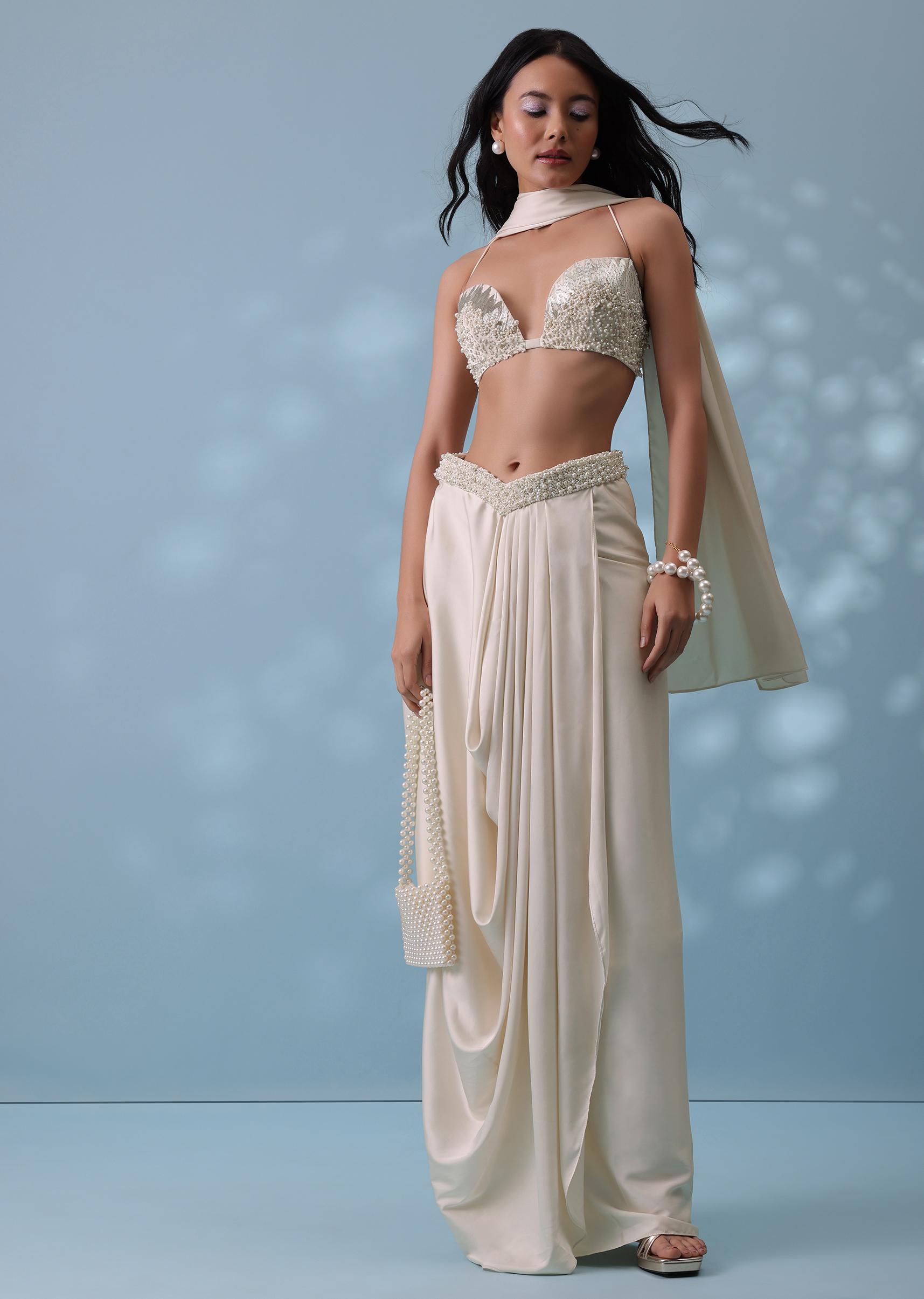 Kalki Fashion,SG132221,Ivory White Embroidered Drape Skirt And Bustier Top In Milano Satin