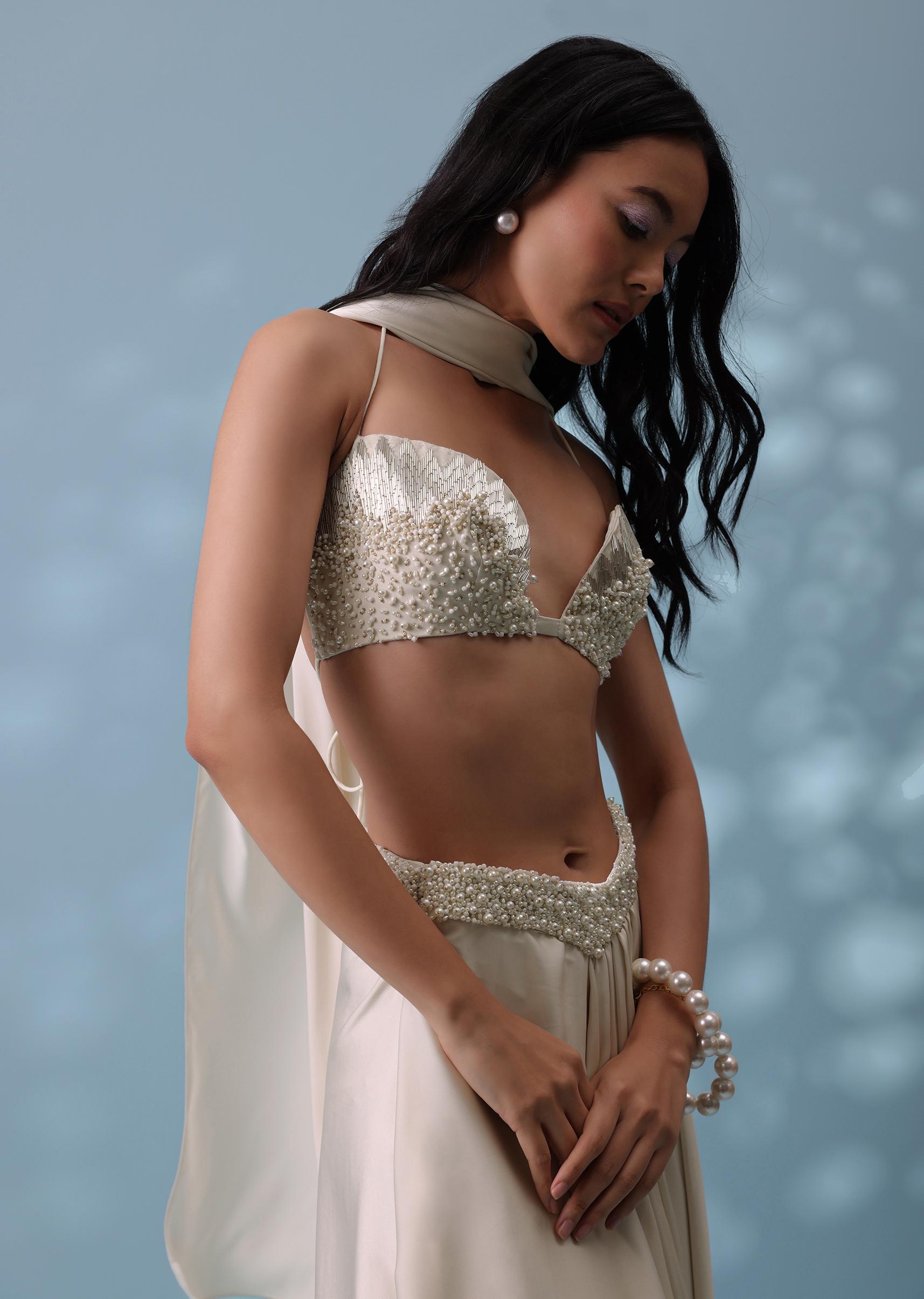 Kalki Fashion,SG132221,Ivory White Embroidered Drape Skirt And Bustier Top In Milano Satin