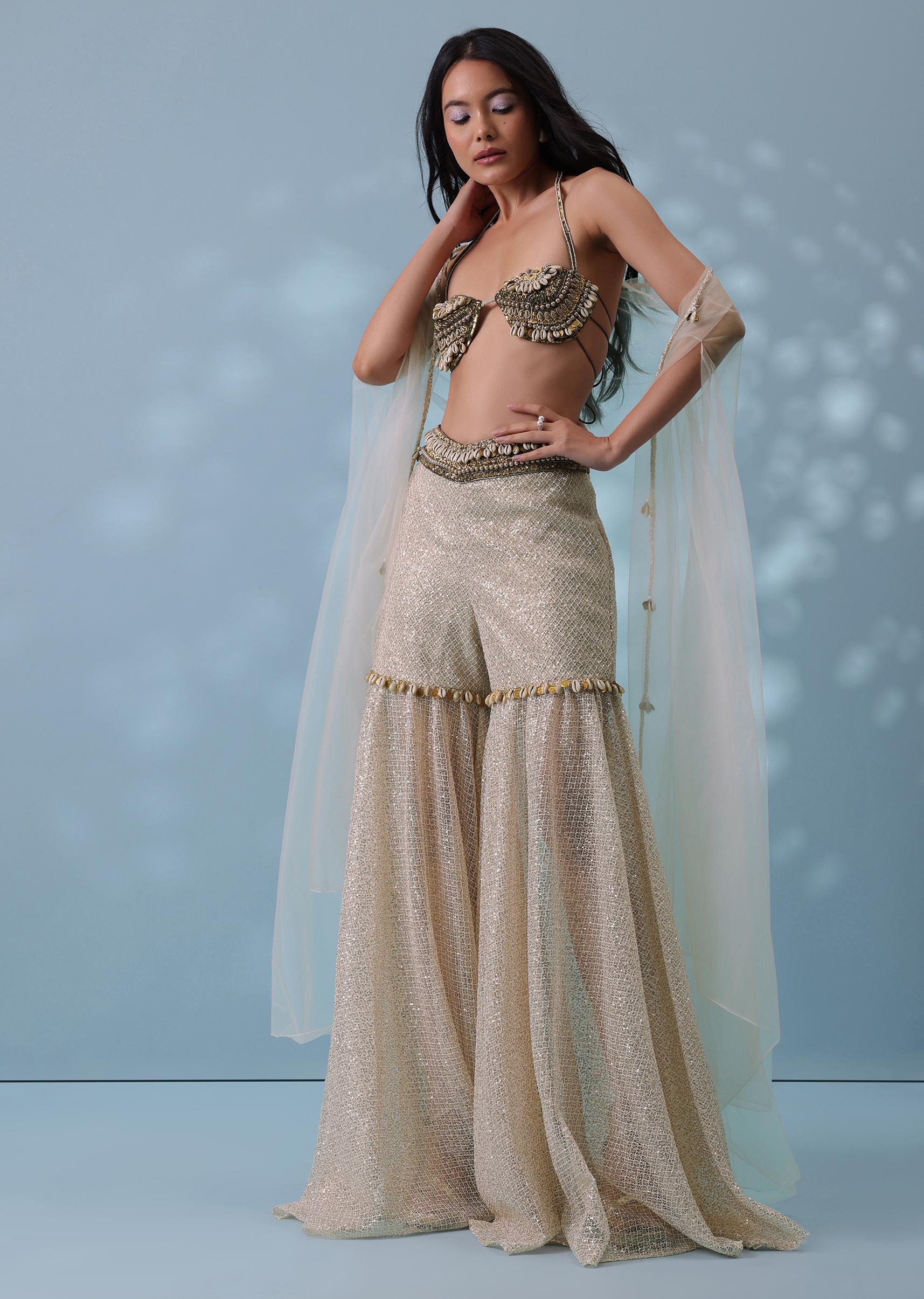 Kalki Fashion,SG132394,Ivory White Embroidered Indowestern Sharara Set With Jacket In Sequins