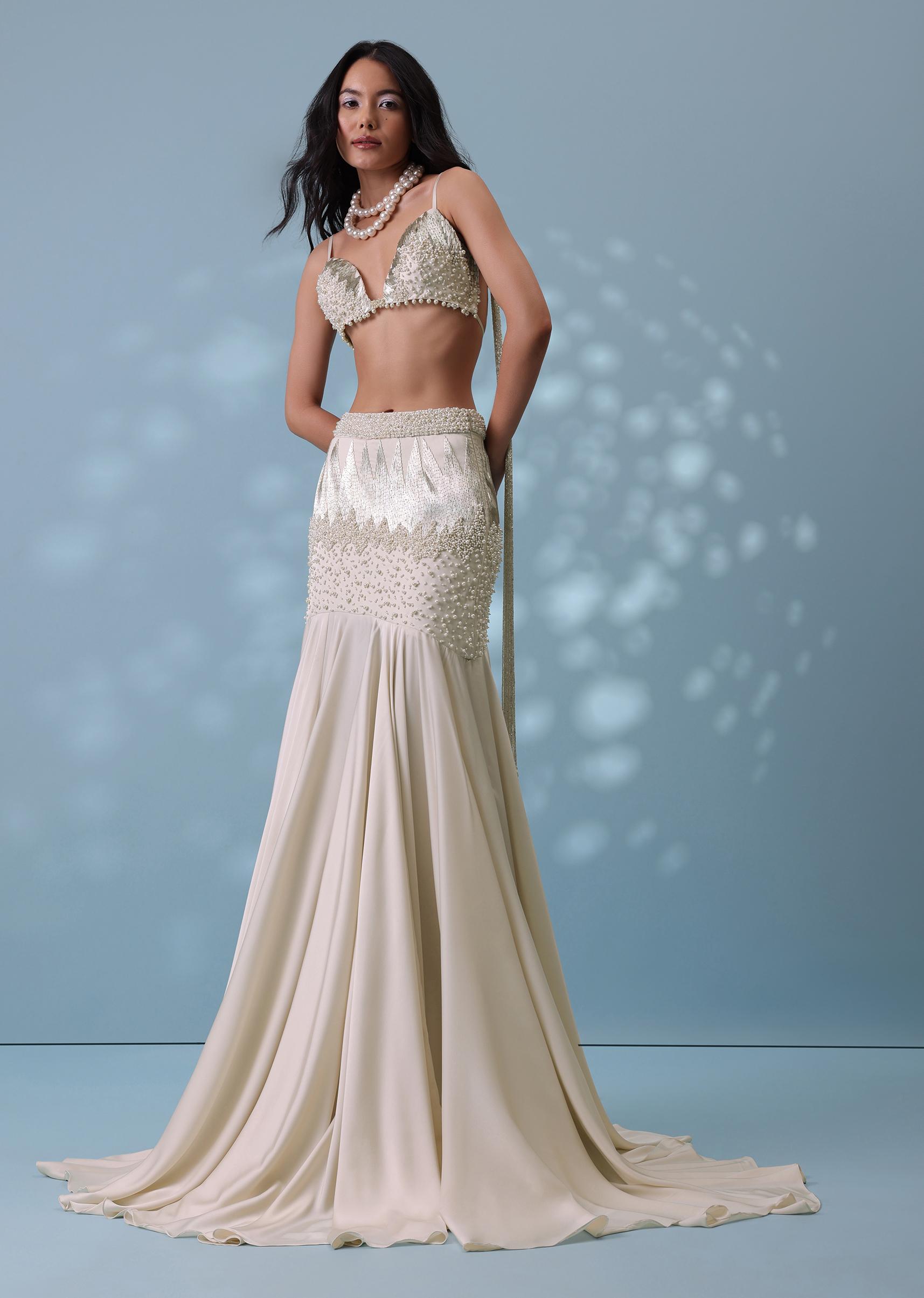 Kalki Fashion,SG151086,Ivory White Embroidered Trail Lehenga Set In Milano Satin With Tassel Blouse