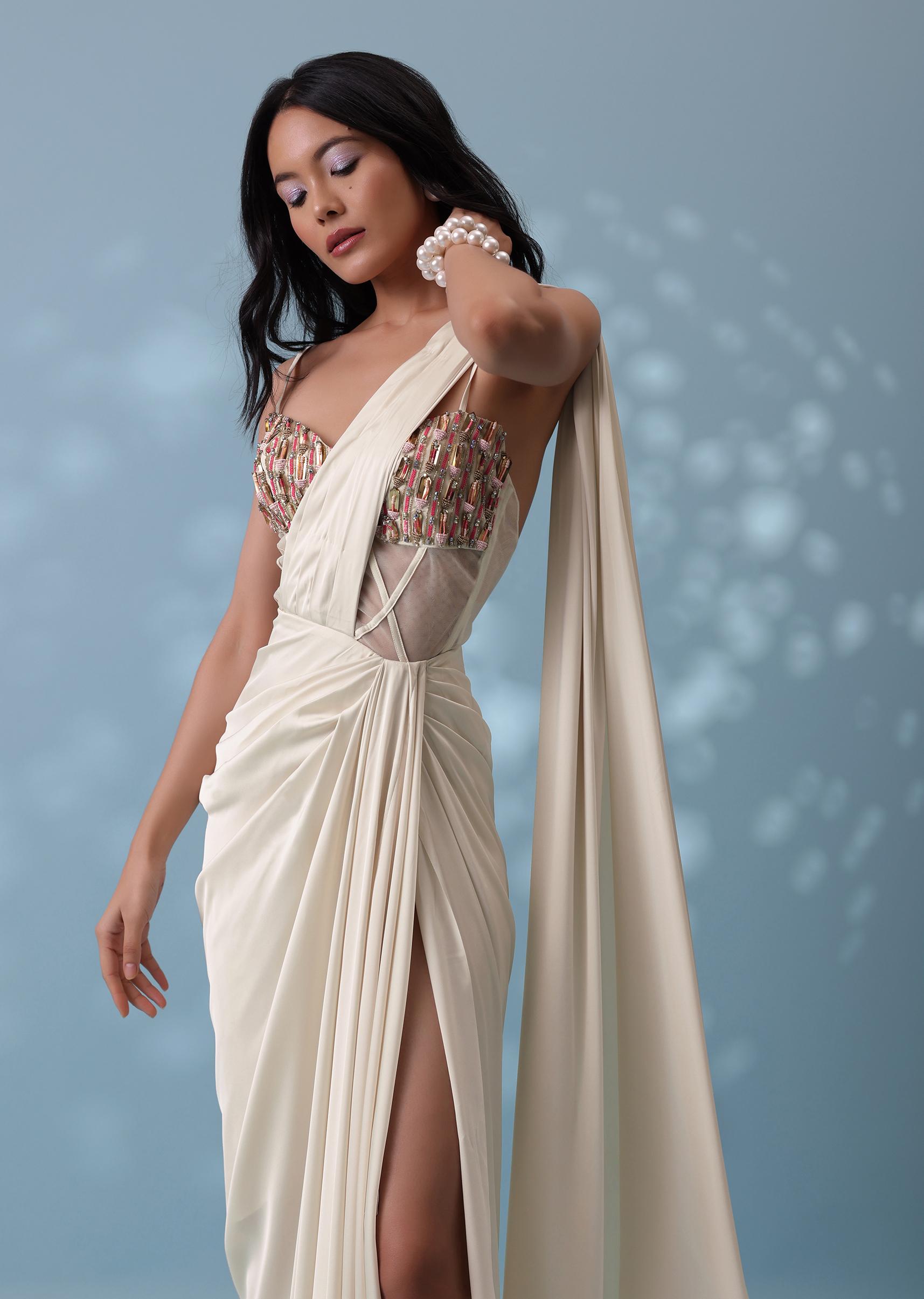 Kalki Fashion,SG133293,Ivory White Ready-To-Wear Embroidered Drape Saree In Satin