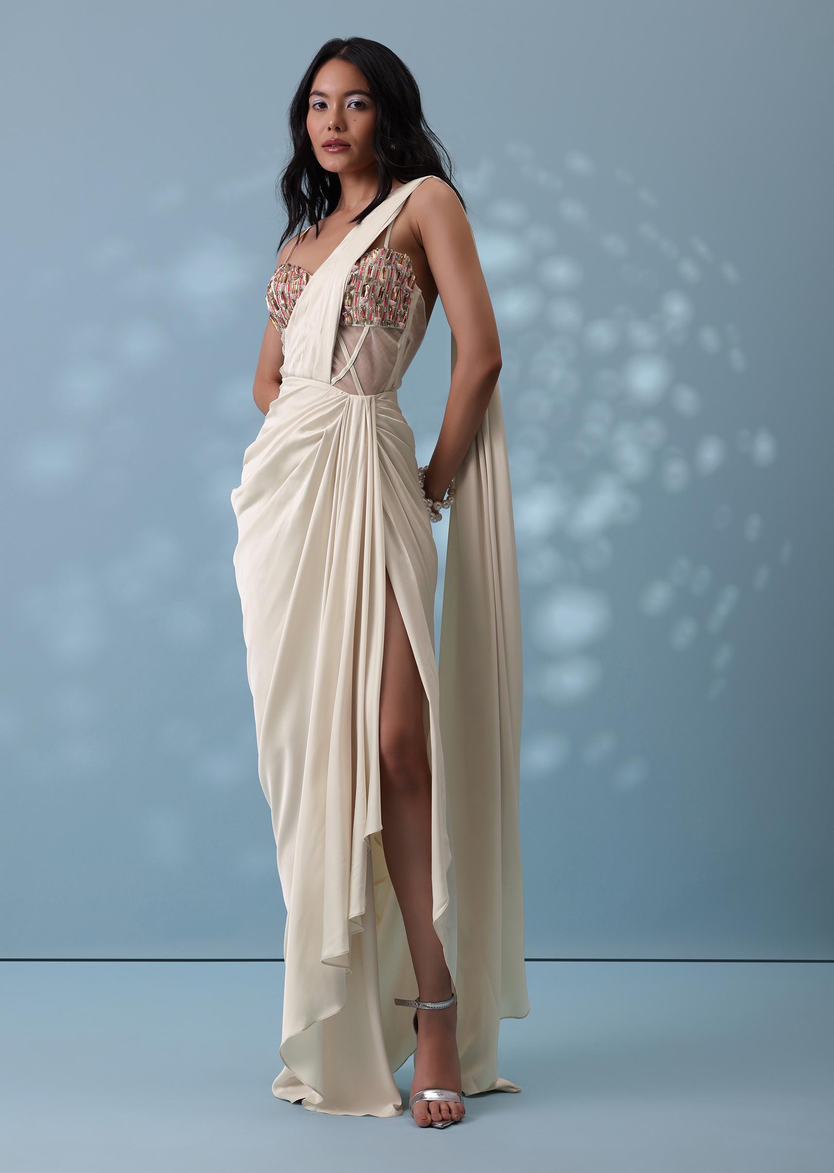 Kalki Fashion,SG133293,Ivory White Ready-To-Wear Embroidered Drape Saree In Satin