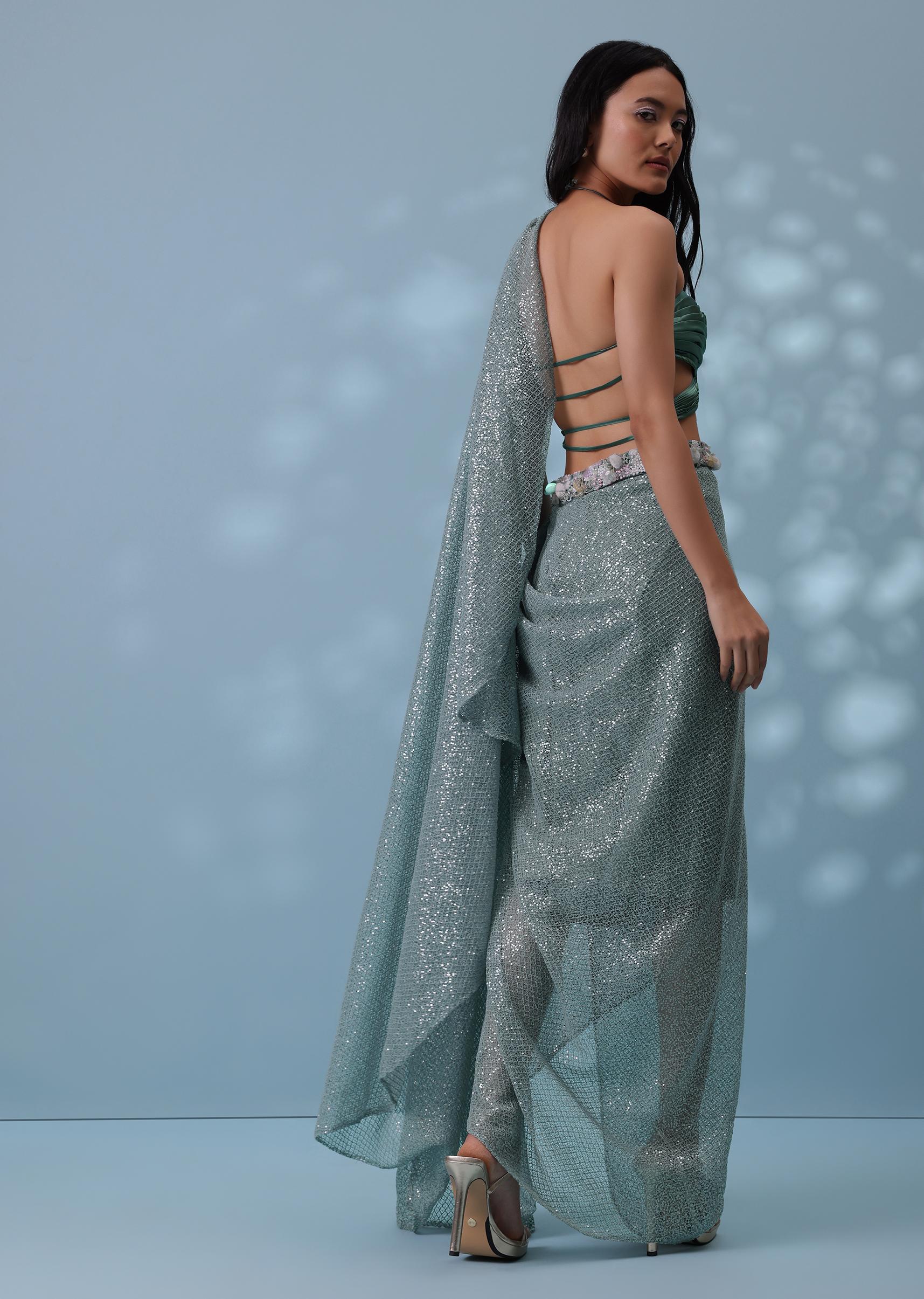 Kalki Fashion,SG132177,Mint Green Indowestern Ready-To-Wear Drape Saree With Strap Blouse In Sequins