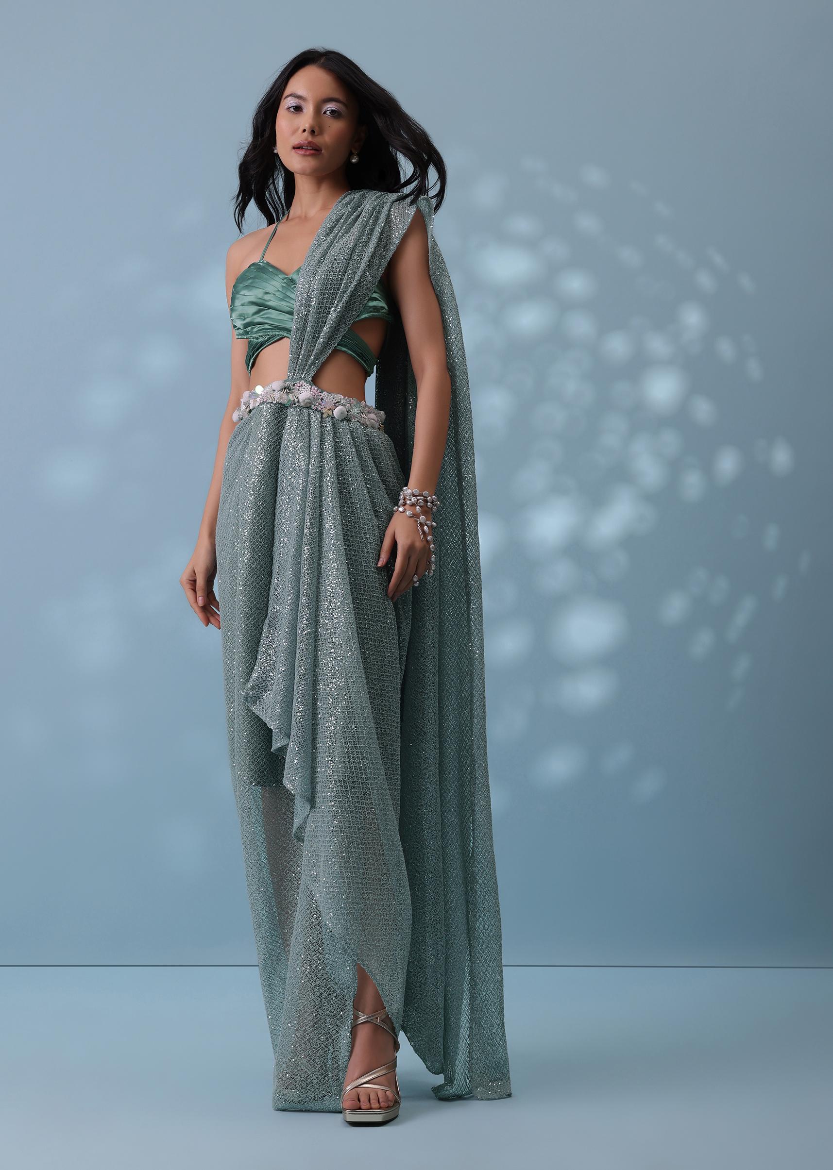 Kalki Fashion,SG132177,Mint Green Indowestern Ready-To-Wear Drape Saree With Strap Blouse In Sequins