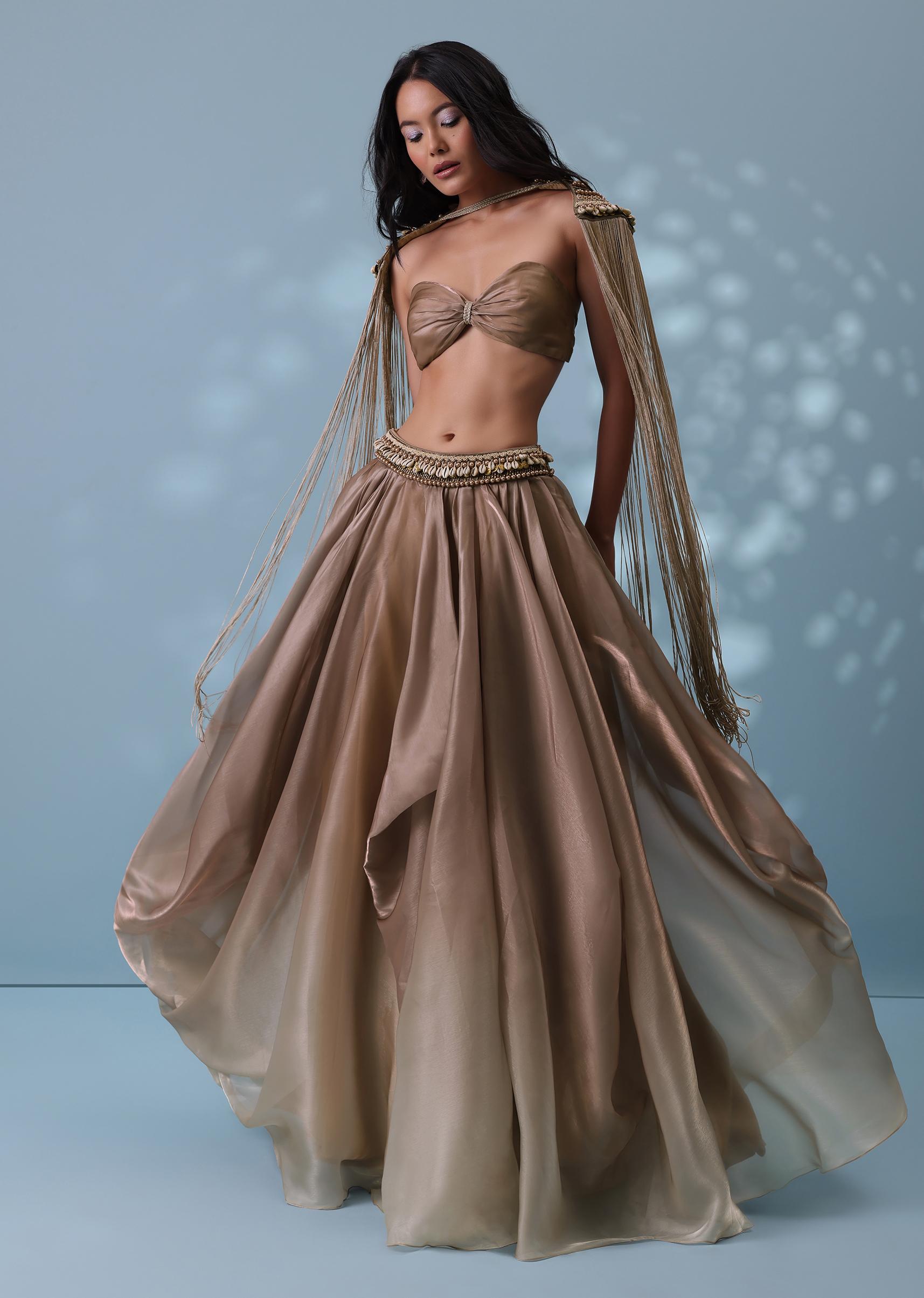 Kalki Fashion,SG132336,Taupe Brown Embroidered Cowl Lehenga And Cape Blouse In Shimmer Organza