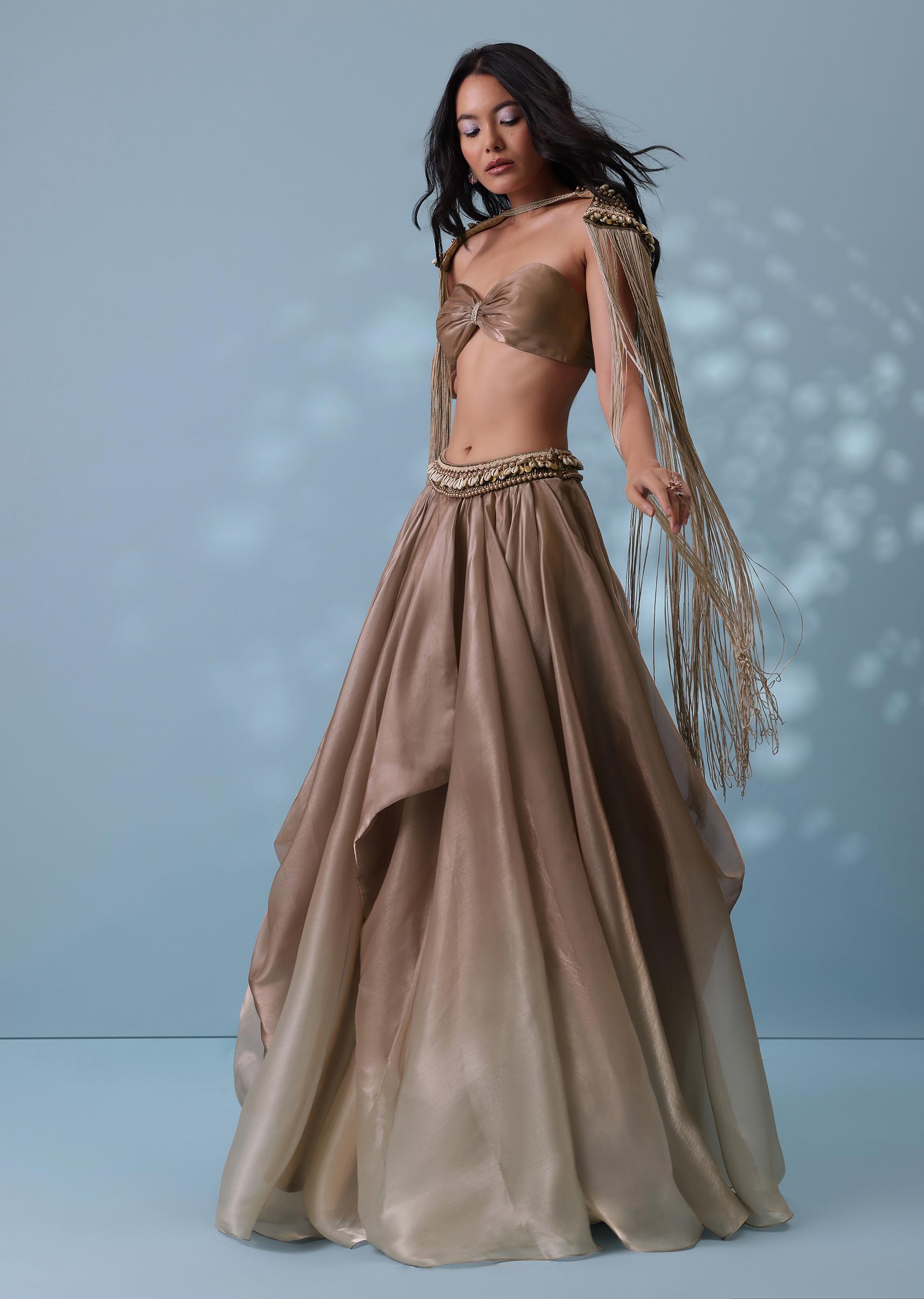 Kalki Fashion,SG132336,Taupe Brown Embroidered Cowl Lehenga And Cape Blouse In Shimmer Organza