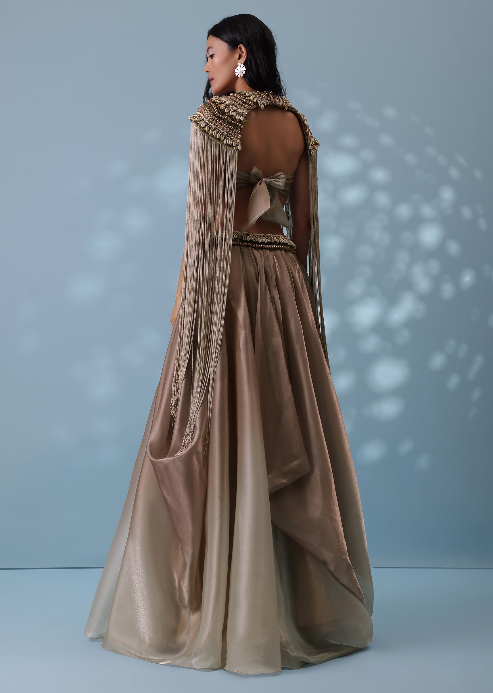 Kalki Fashion,SG132336,Taupe Brown Embroidered Cowl Lehenga And Cape Blouse In Shimmer Organza